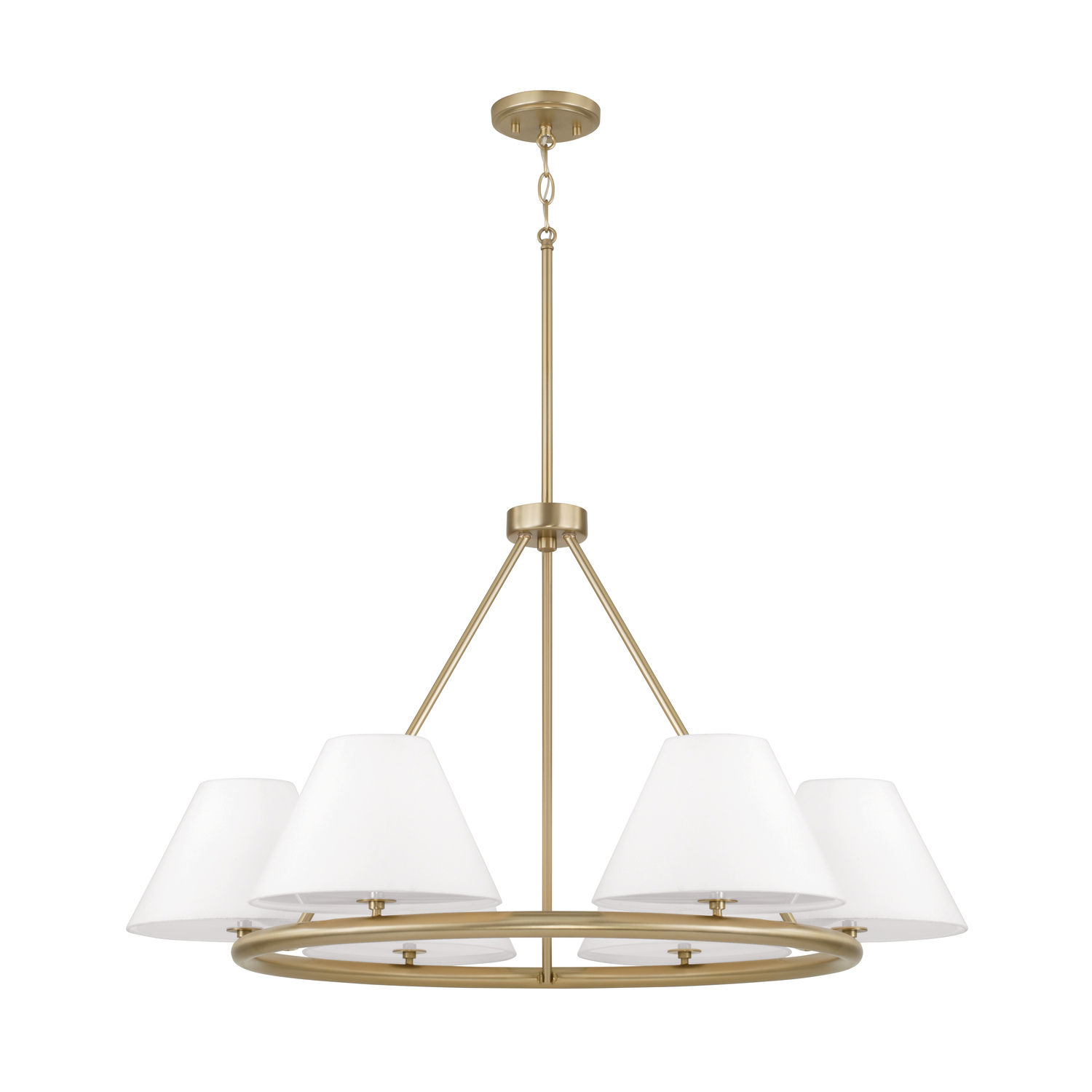 35"W x 19.50"H 6-Light Circular Chandelier in Matte Brass with White Fabric Shades and Glass Diffusers