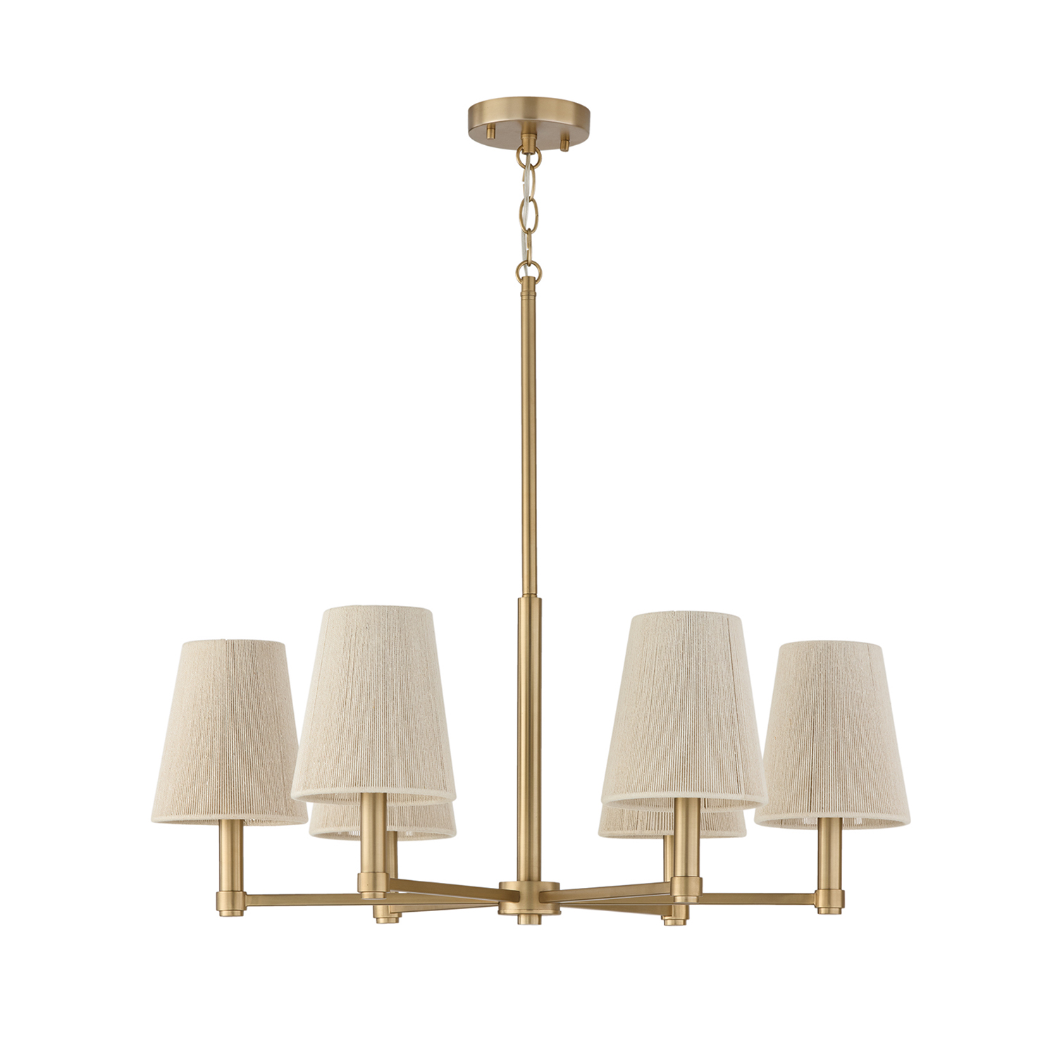28" W x 36" H 6-Light Chandelier in Matte Brass with Tapered Bleached Natural Rope Shades