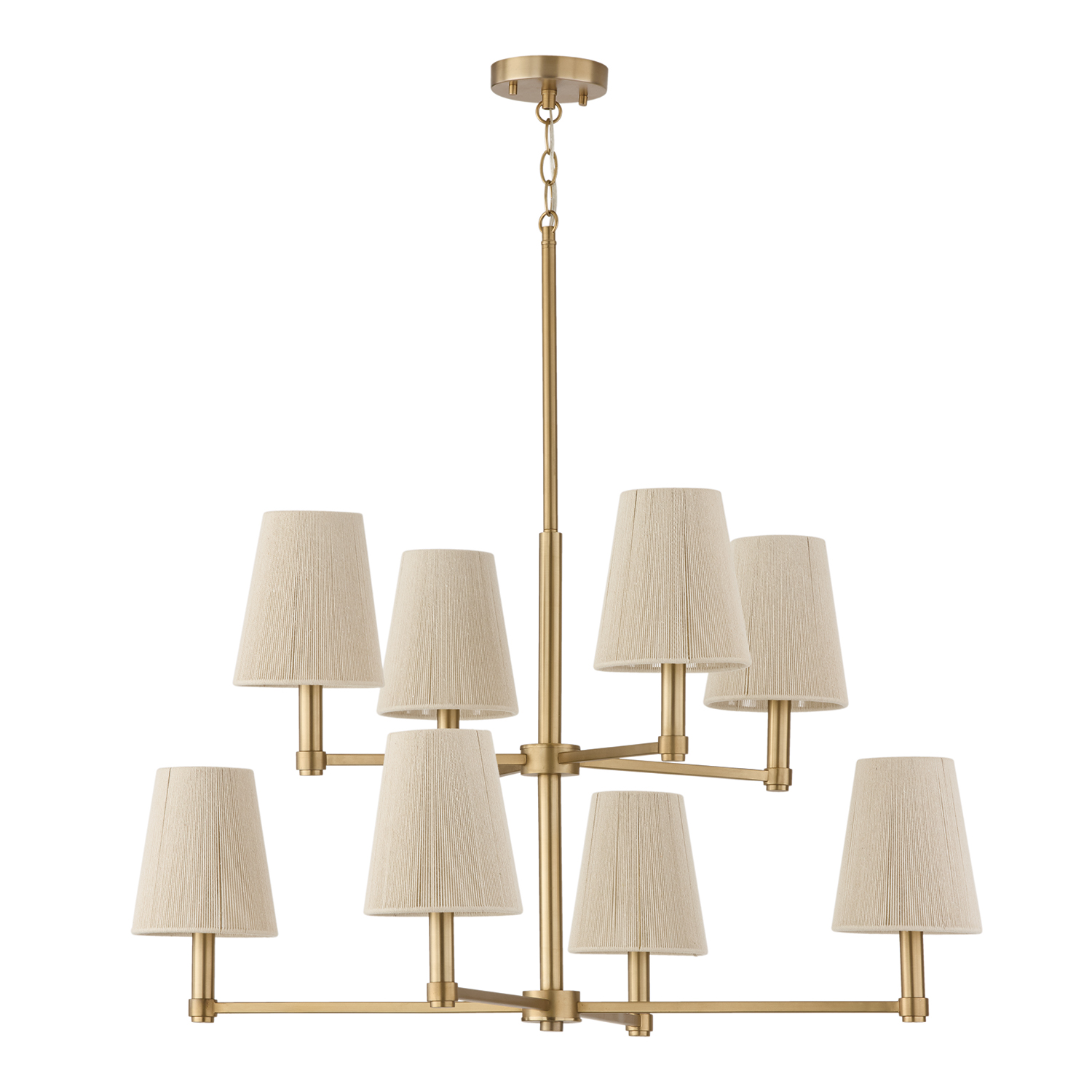 36" W x 36" H 8-Light Two-Tier Chandelier in Matte Brass with Tapered Bleached Natural Rope Shades