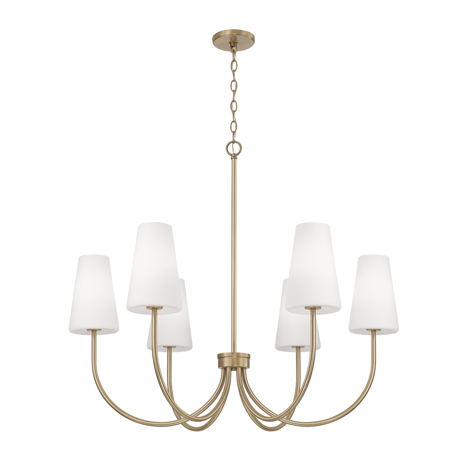 37.25" W x 26.5" H 6-Light Transitional Chandelier in Aged Brass with Tapered Soft White Glass