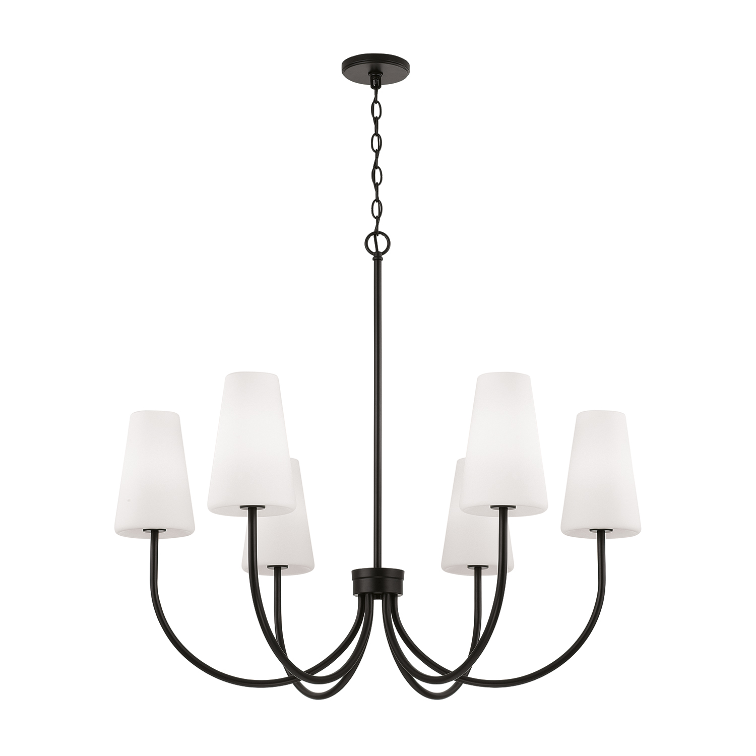 37.25" W x 26.5" H 6-Light Transitional Chandelier in Matte Black with Tapered Soft White Glass