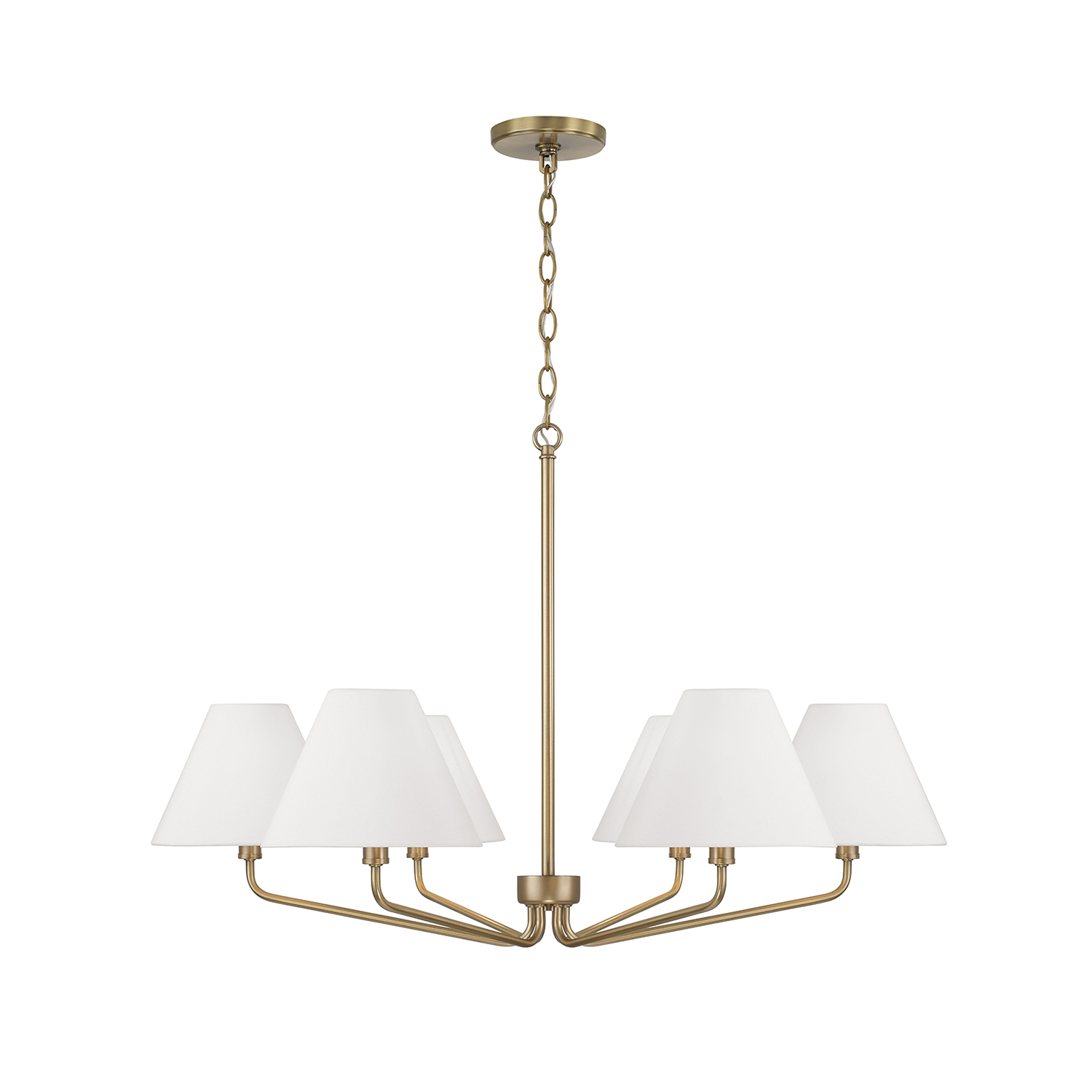 34" W x 22.5" H 6-Light Angular Chandelier in Aged Brass with Tapered White Fabric Shades