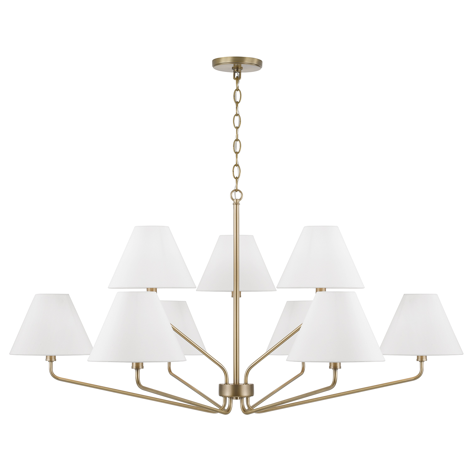 45" W x 22.5" H 9-Light Angular Two-Tier Chandelier in Aged Brass with Tapered White Fabric Shades