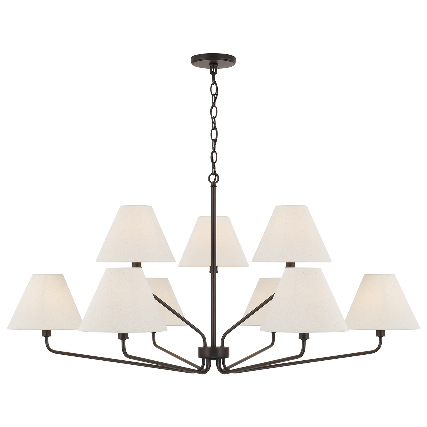 46" W x 22.5" H 9-Light Angular Two-Tier Chandelier in Espresso with Tapered Soft Tan Fabric Shades