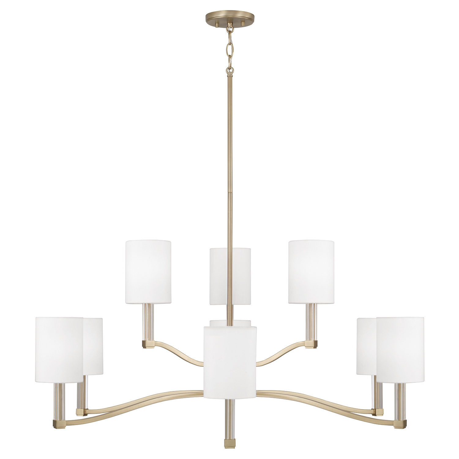 32" W x 9.25" H 9-Light Two-Tier Chandelier in Matte Brass with Clear Acrylic Accents and Cylindrical White Fabric Shades