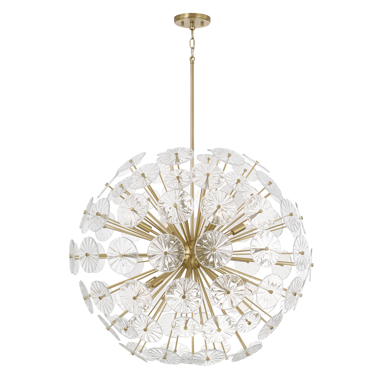 33" W x 34" H 8-Light Starburst Pendant in Matte Brass with Patterned Glass Petals
