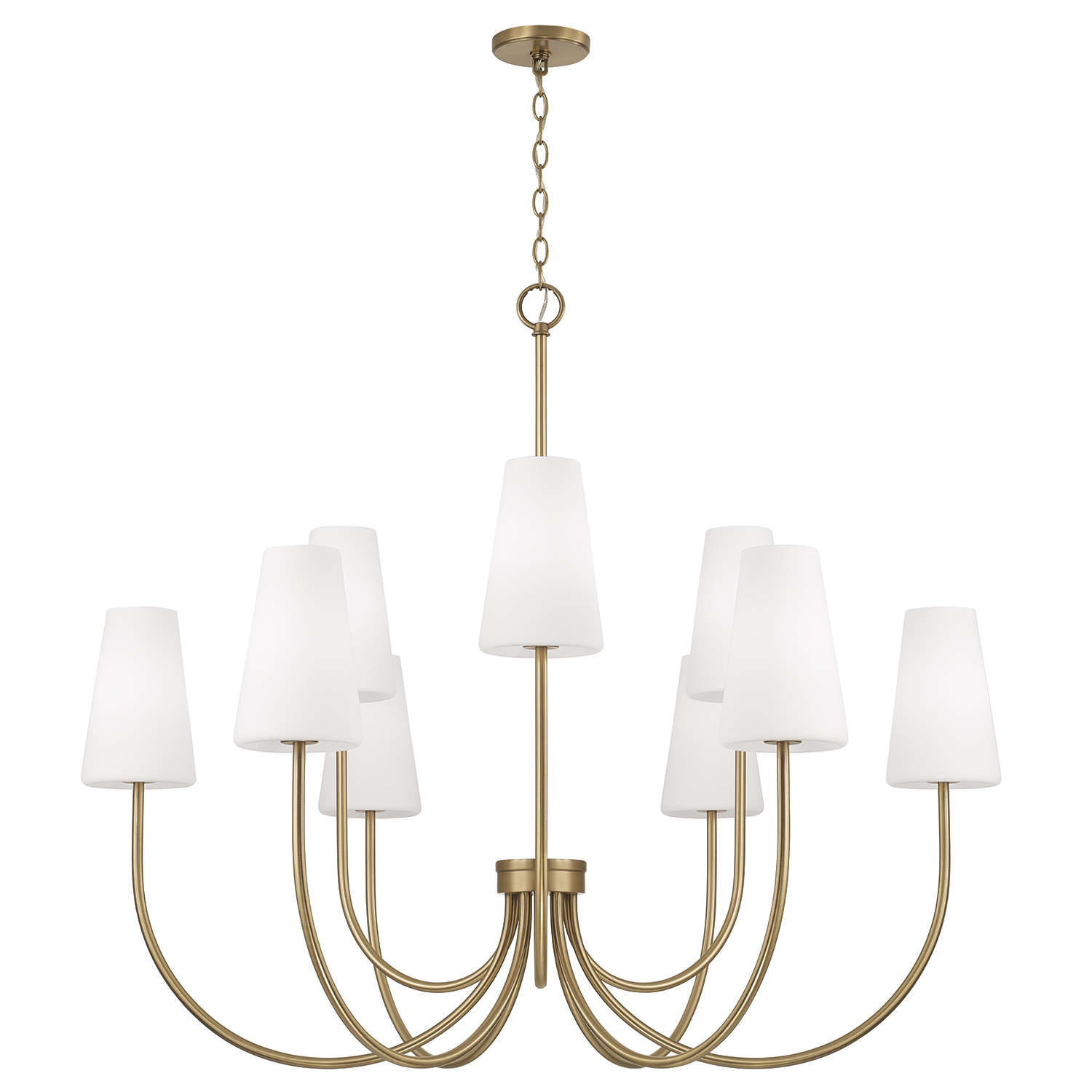 46" W x 32.25" H 9-Light Two-Tier Chandelier in Aged Brass with Tapered Soft White Glass