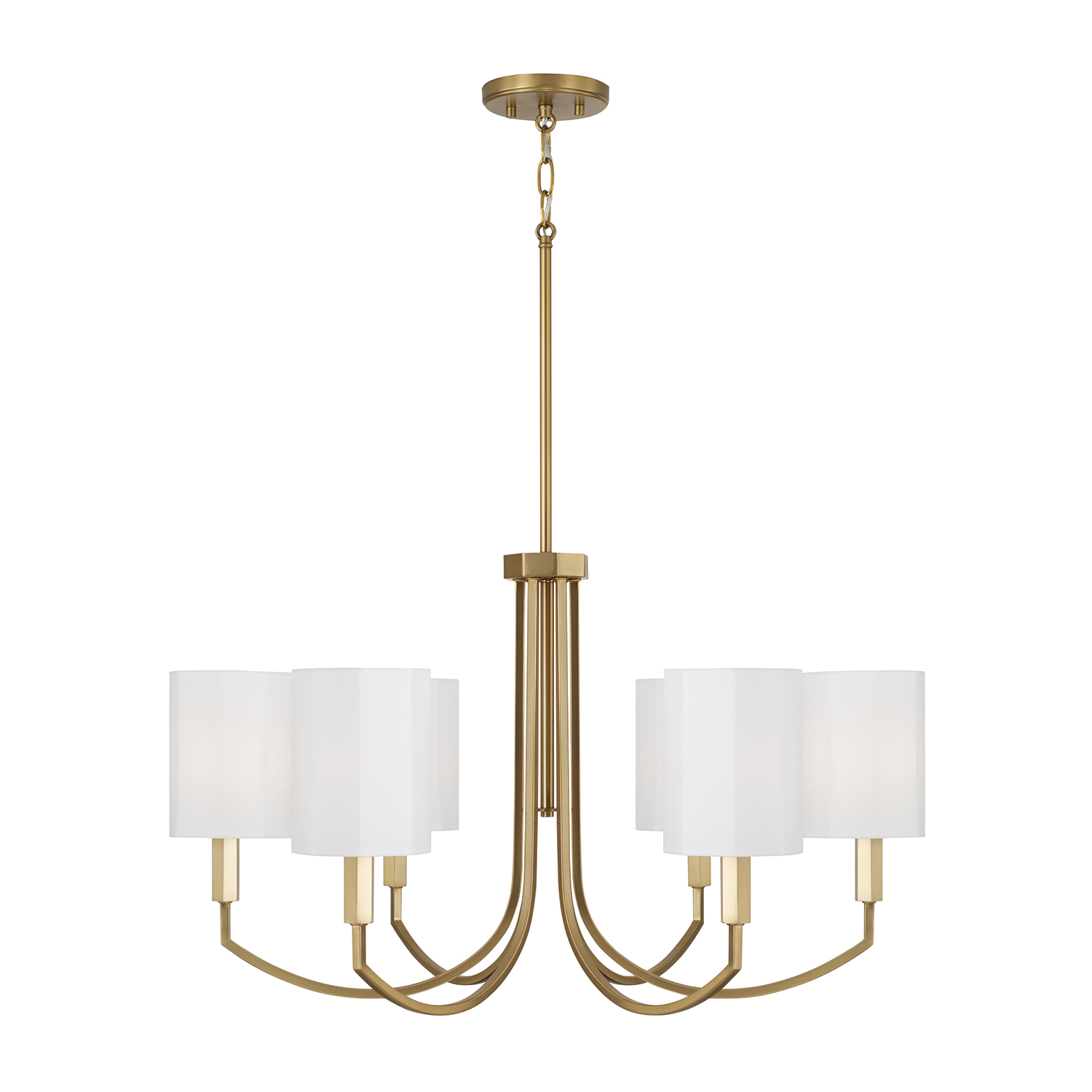 30" W x 17.5" H 6-Light Chandelier in Aged Brass with Octagonal White Fabric Shades