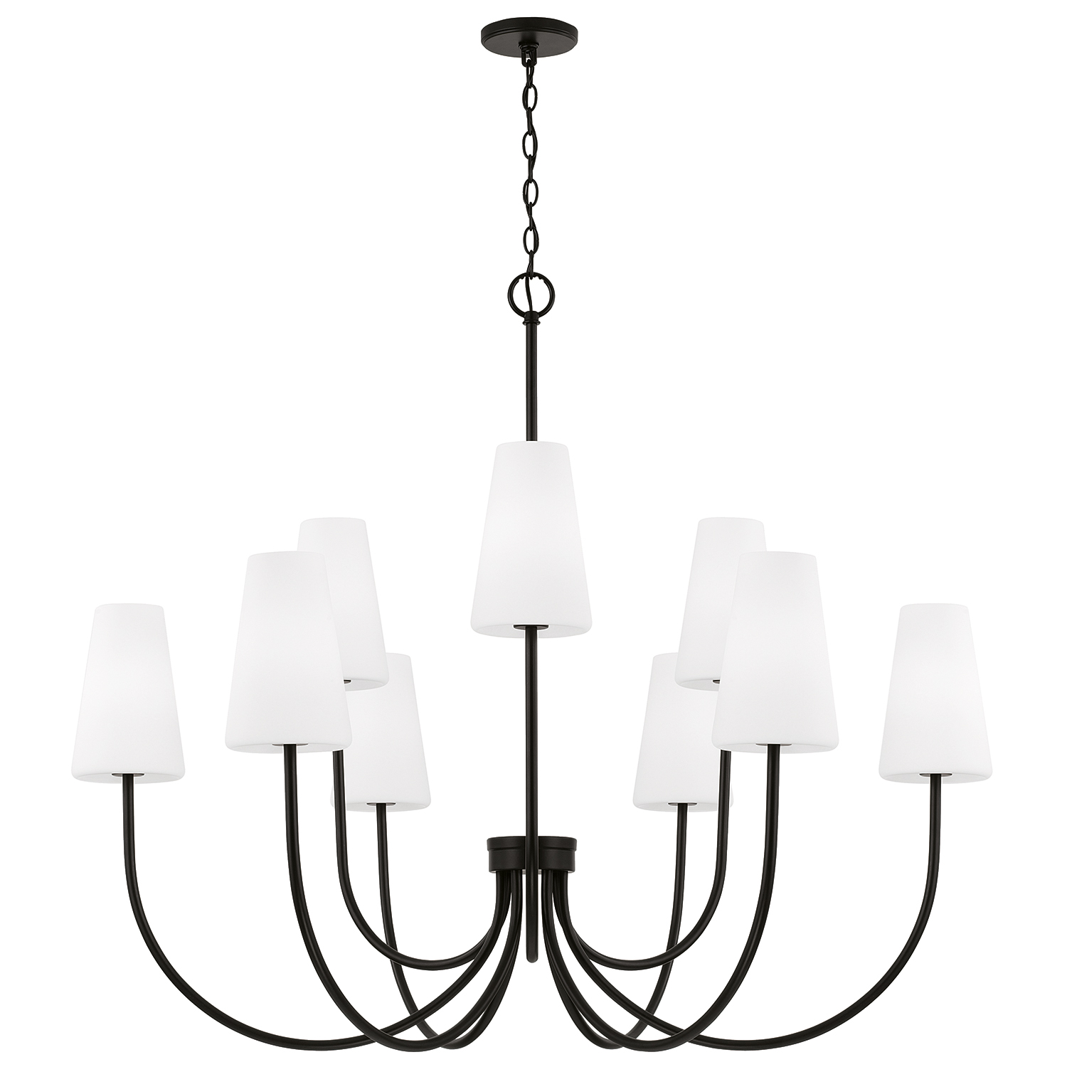 46" W x 32.25" H 9-Light Two-Tier Chandelier in Matte Black with Tapered Soft White Glass