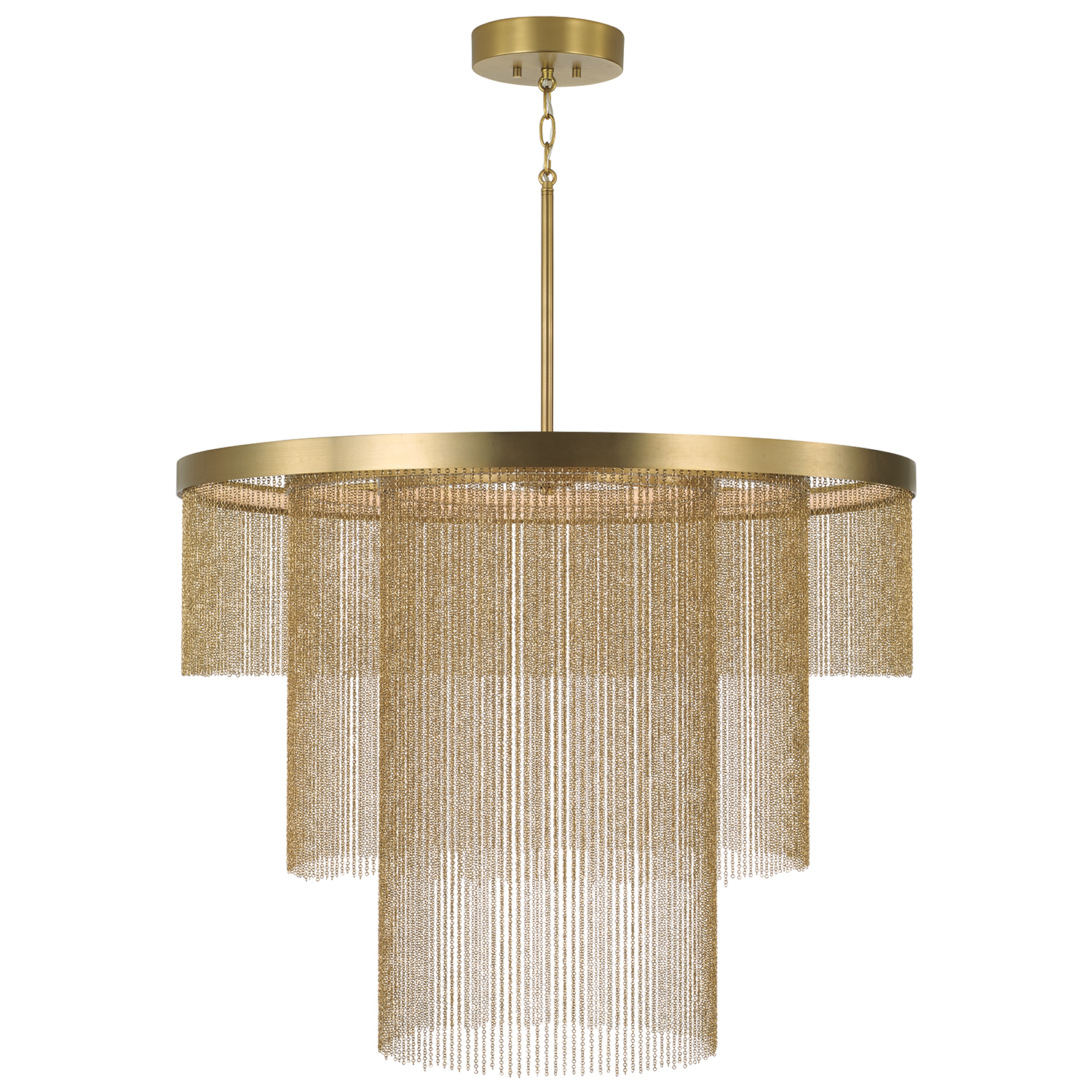 33" W x 26.5" H Integrated LED Triple Ring Pendant in Aged Brass with Tiered Cascading Delicate Chains