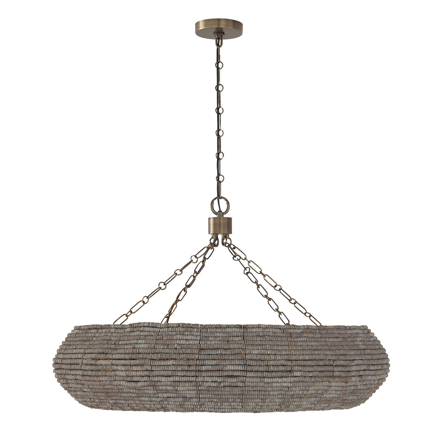 35" W x 21.75" H 8-Light Intricate Beaded Chandelier with Handcrafted Wooden Beads in Aegean Grey and Dark Brass and Elevated Designer Chain