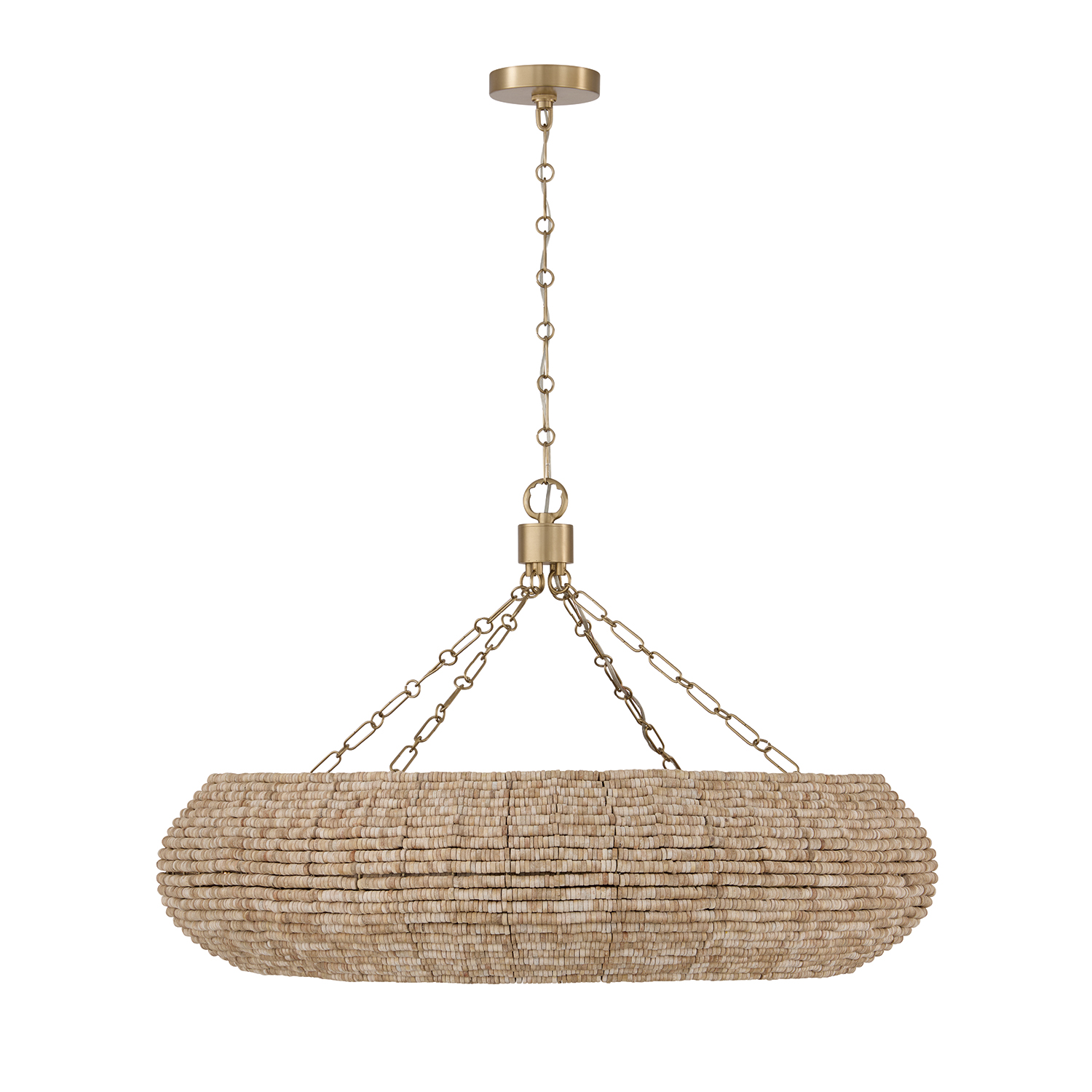 35" W x 21.75" H 8-Light Intricate Beaded Chandelier with Handcrafted Wooden Beads in Light Fawn and Matte Brass and Elevated Designer Chain