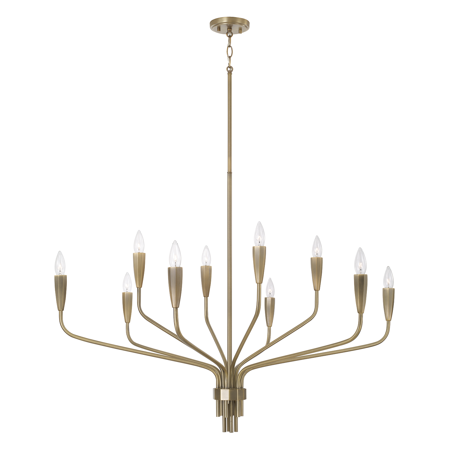 41" W x 30.5" H 10-Light Chandelier in Antiqued Brass with Botanical Arm Silhouette and Faceted Candlesleeves