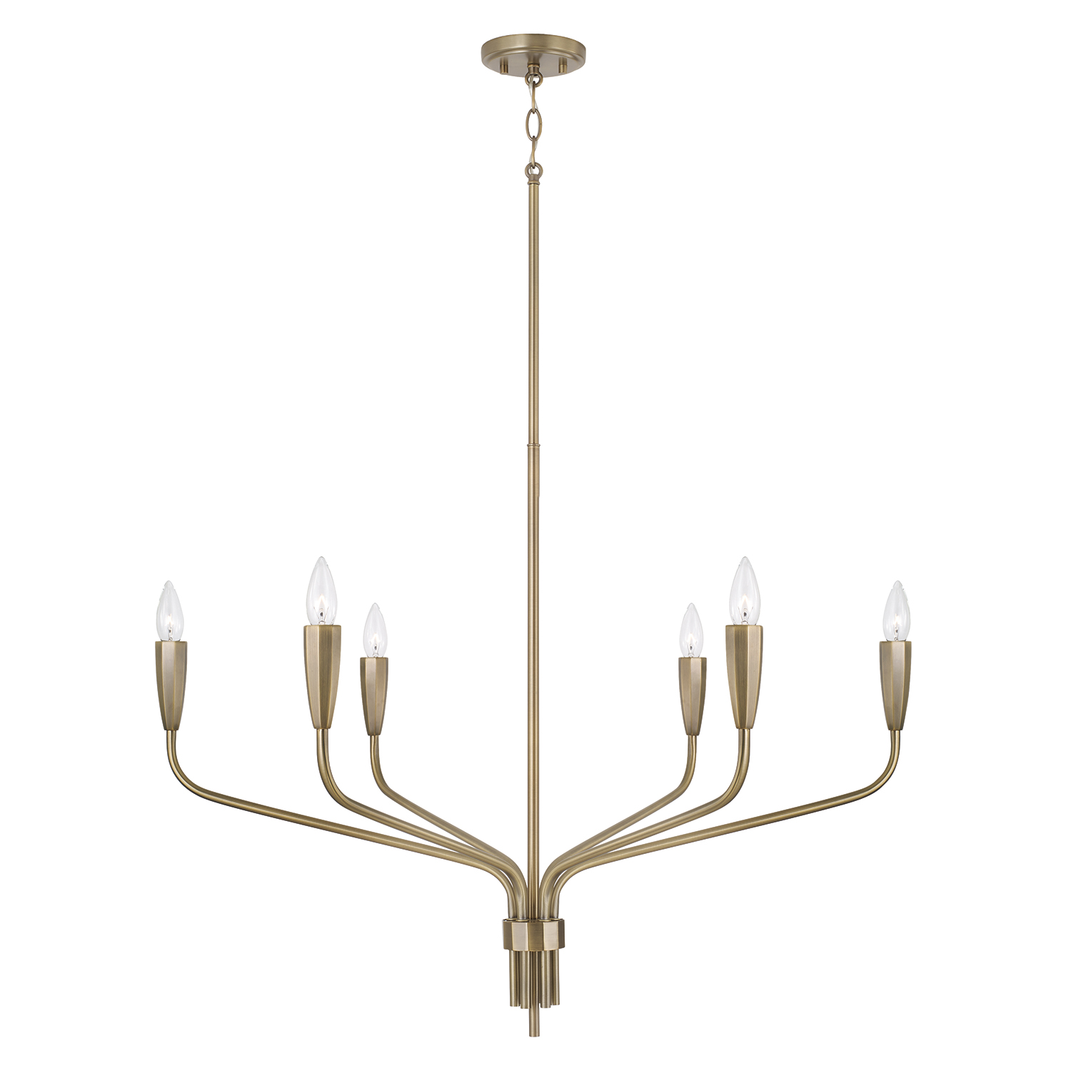 34.5" W x 25.25" H 6-Light Chandelier in Antiqued Brass with Botanical Arm Silhouette and Faceted Candlesleeves