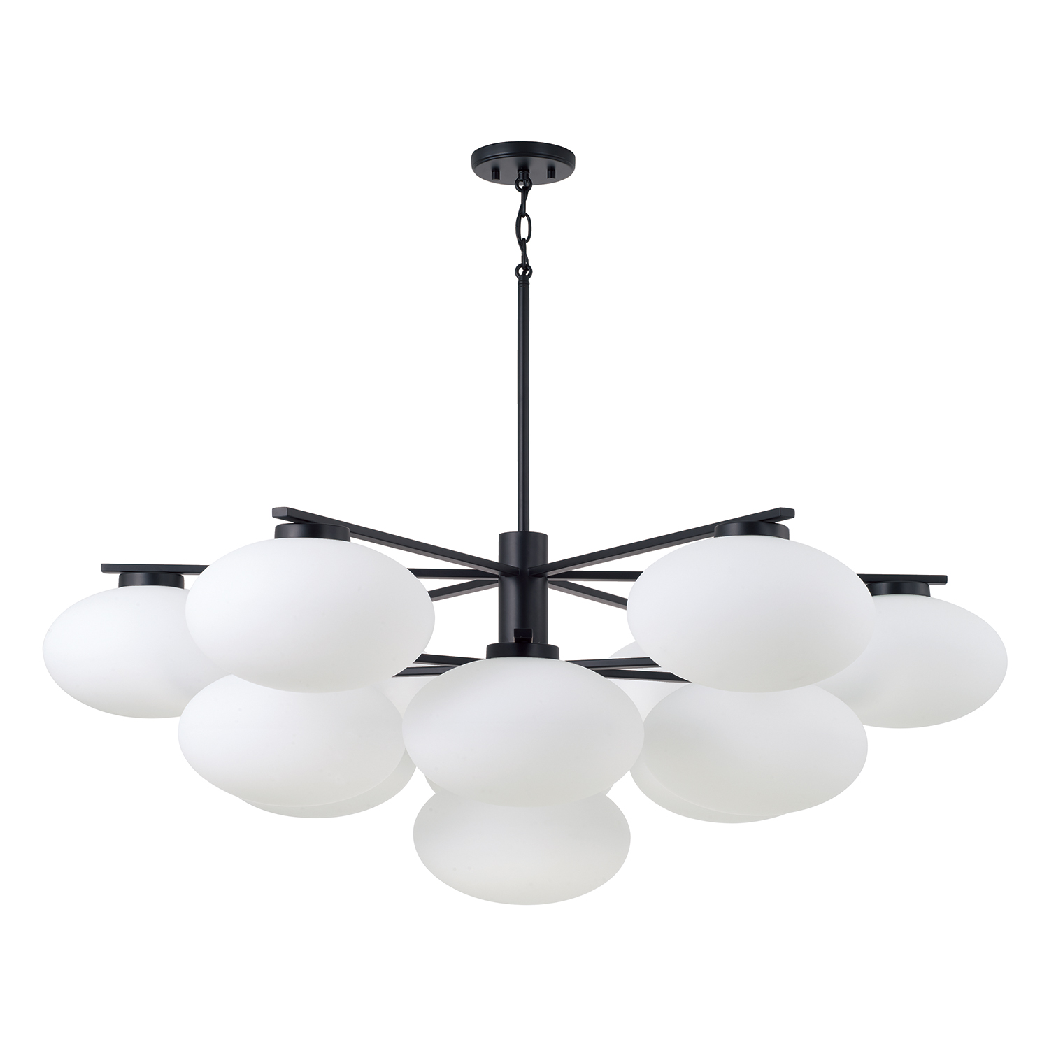 45.5" W x 17.75" H 10-Light Two-Tier Chandelier in Matte Black with Soft White Glass Oval Globes