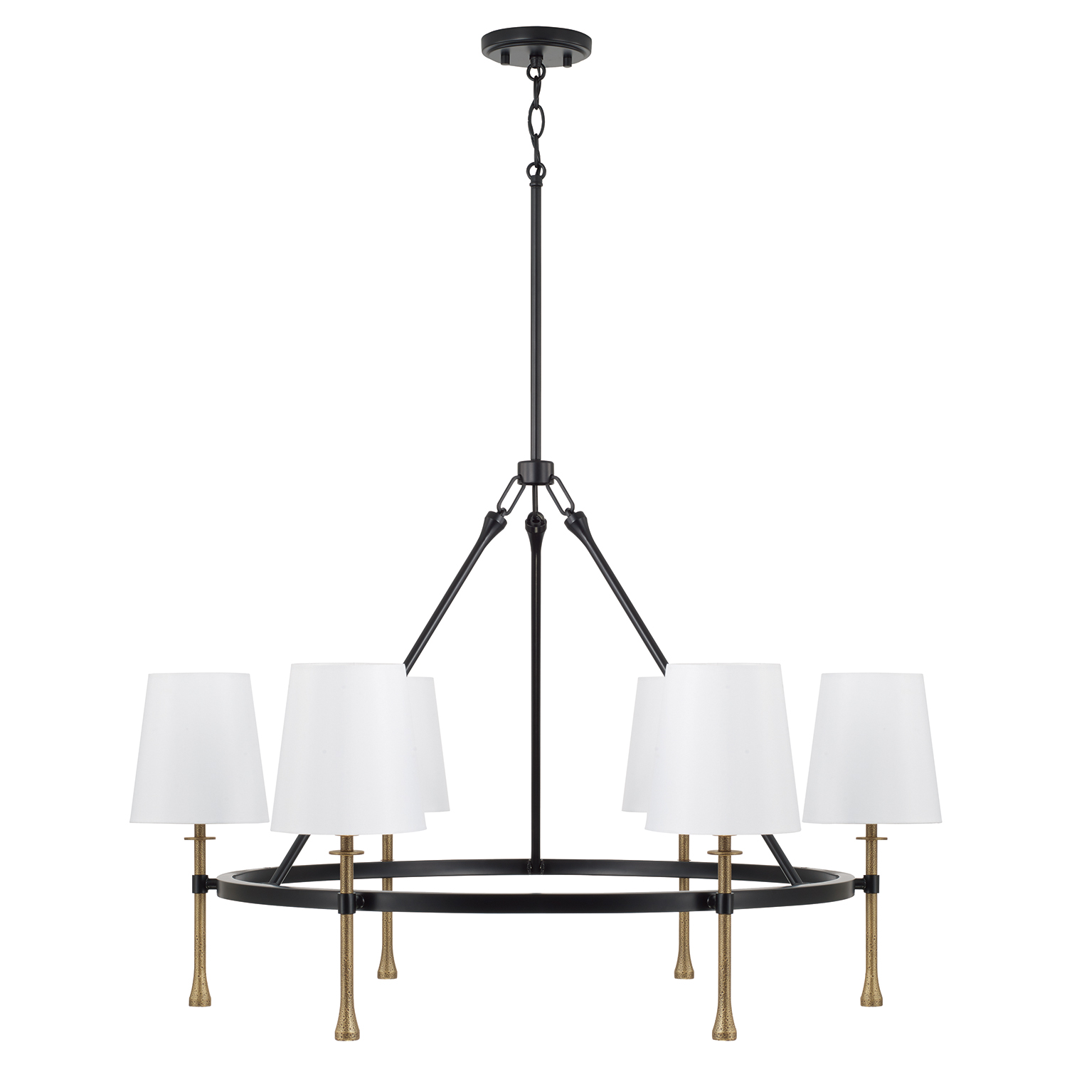 35" W x 23.5" H 6-Light Ring Chandelier in Matte Black with Textured Hammered Gold Tails and White Fabric Shades