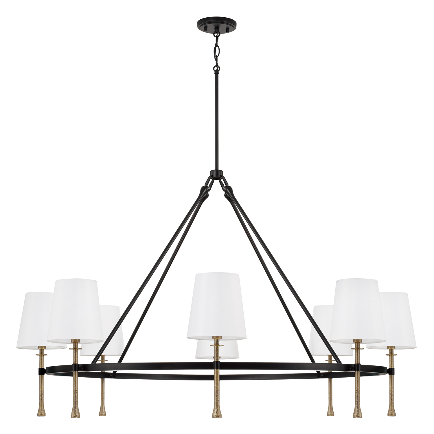 48" W x 29.5" H 8-Light Ring Chandelier in Matte Black with Textured Hammered Gold Tails and White Fabric Shades