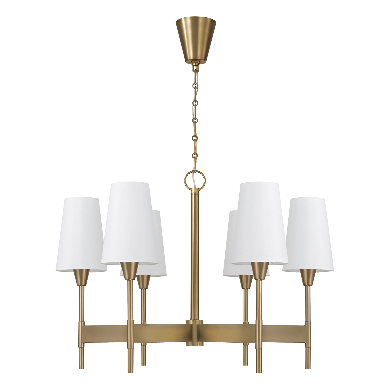 32" W x 22.75" H 6-Light Chandelier in Aged Brass with White Fabric Shades and Designer Canopy