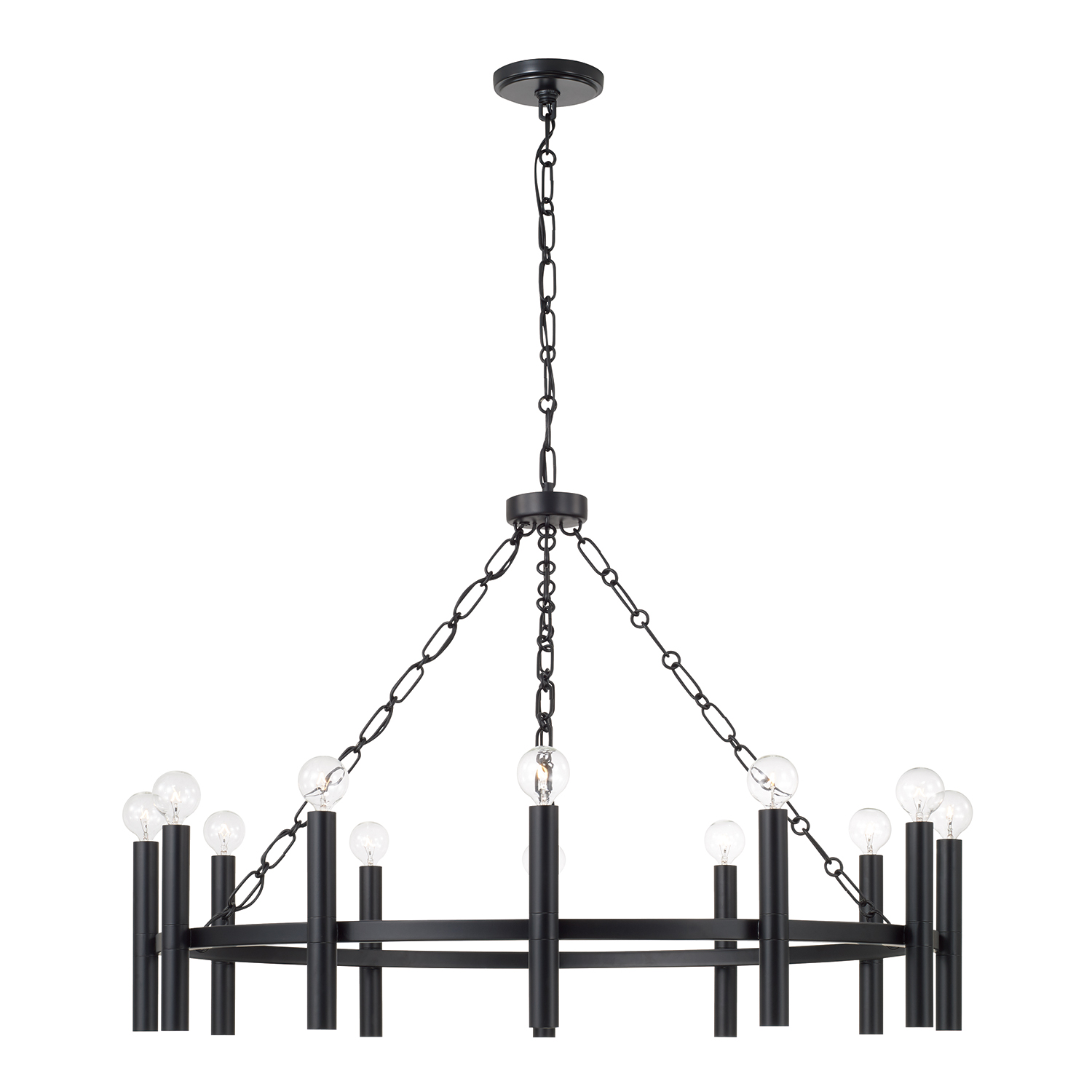 35" W x 24" H 10-Light Ring Chandelier in Matte Black with Cylindrical Candlesticks and Specialty Decorative Designer Chain