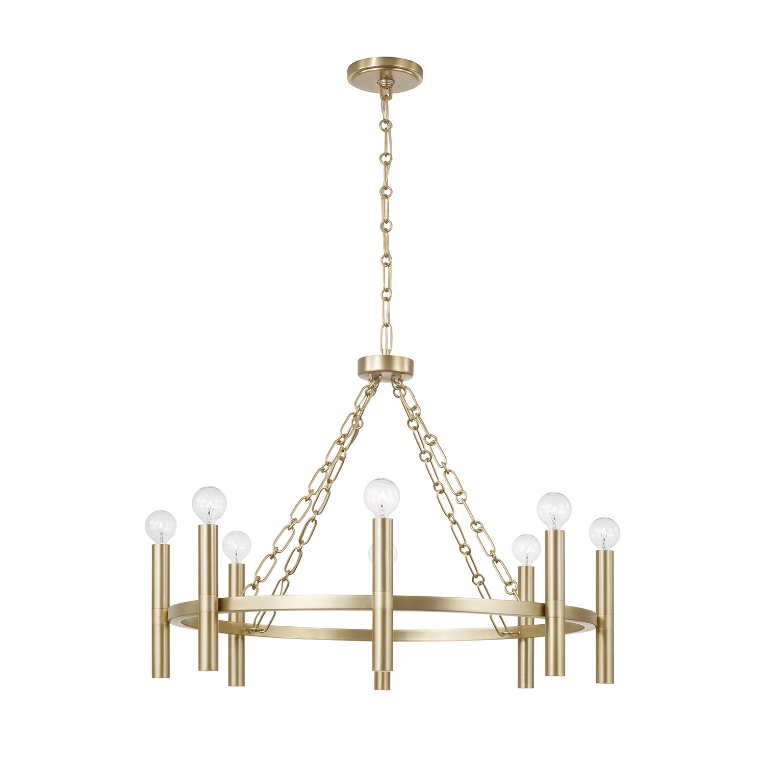28" W x 21" H 8-Light Ring Chandelier in Matte Brass with Cylindrical Candlesticks and Specialty Decorative Designer Chain