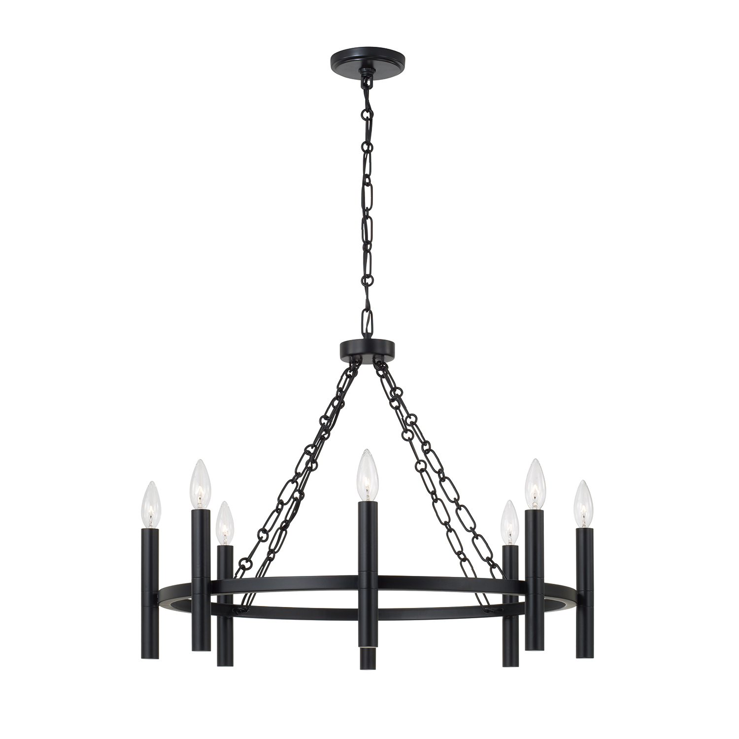 28" W x 21" H 8-Light Ring Chandelier in Matte Black with Cylindrical Candlesticks and Specialty Decorative Designer Chain