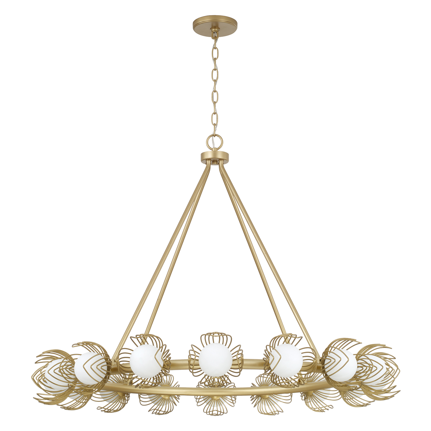 39" W x 30" H 16-Light Chandelier in Buffed Gold with Bent Wire Flower Petals and Soft White Glass Globes