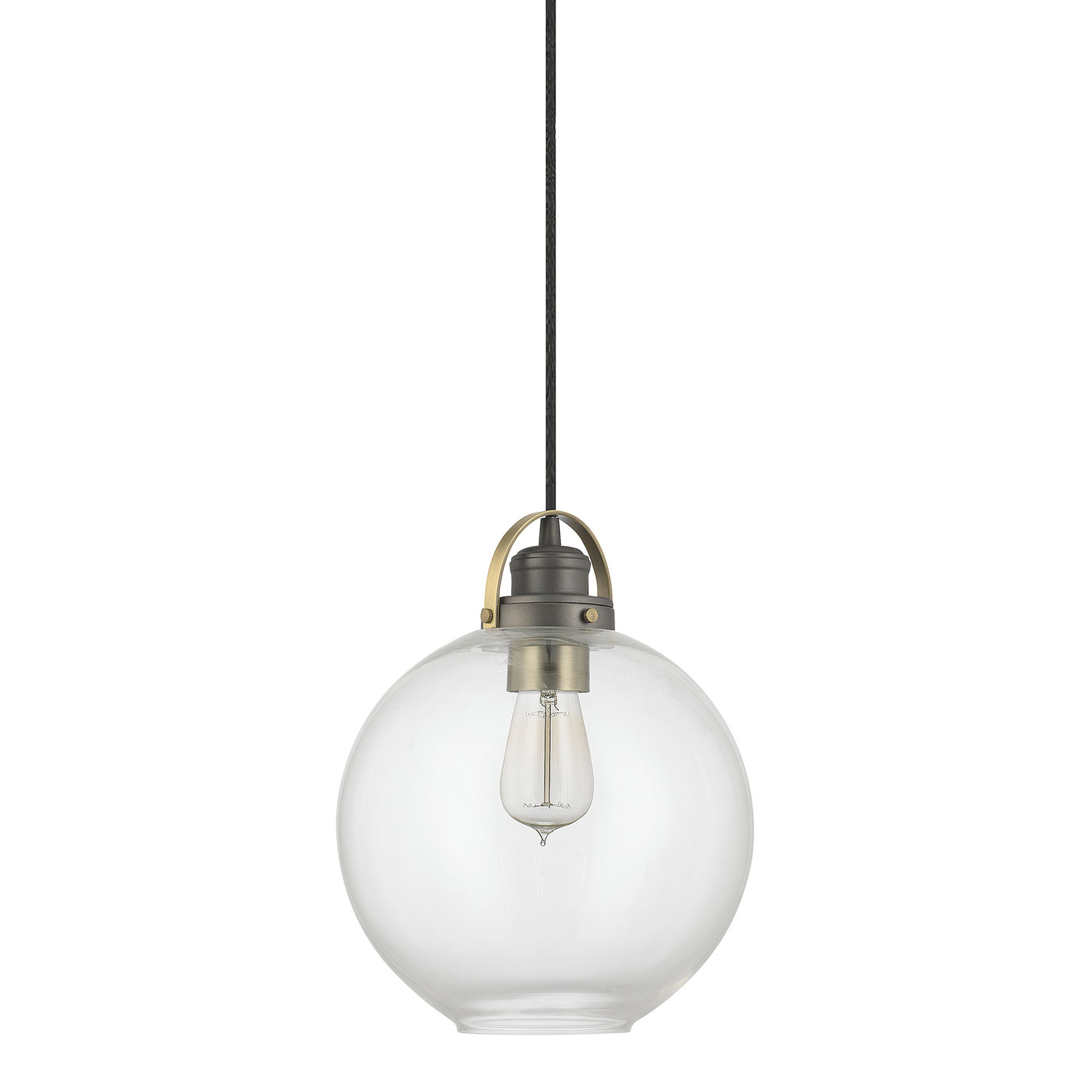 10" W x 13" H 1-Light Pendant in Graphite and Aged Brass with Clear Glass Globe Shade and Braided Black Cord