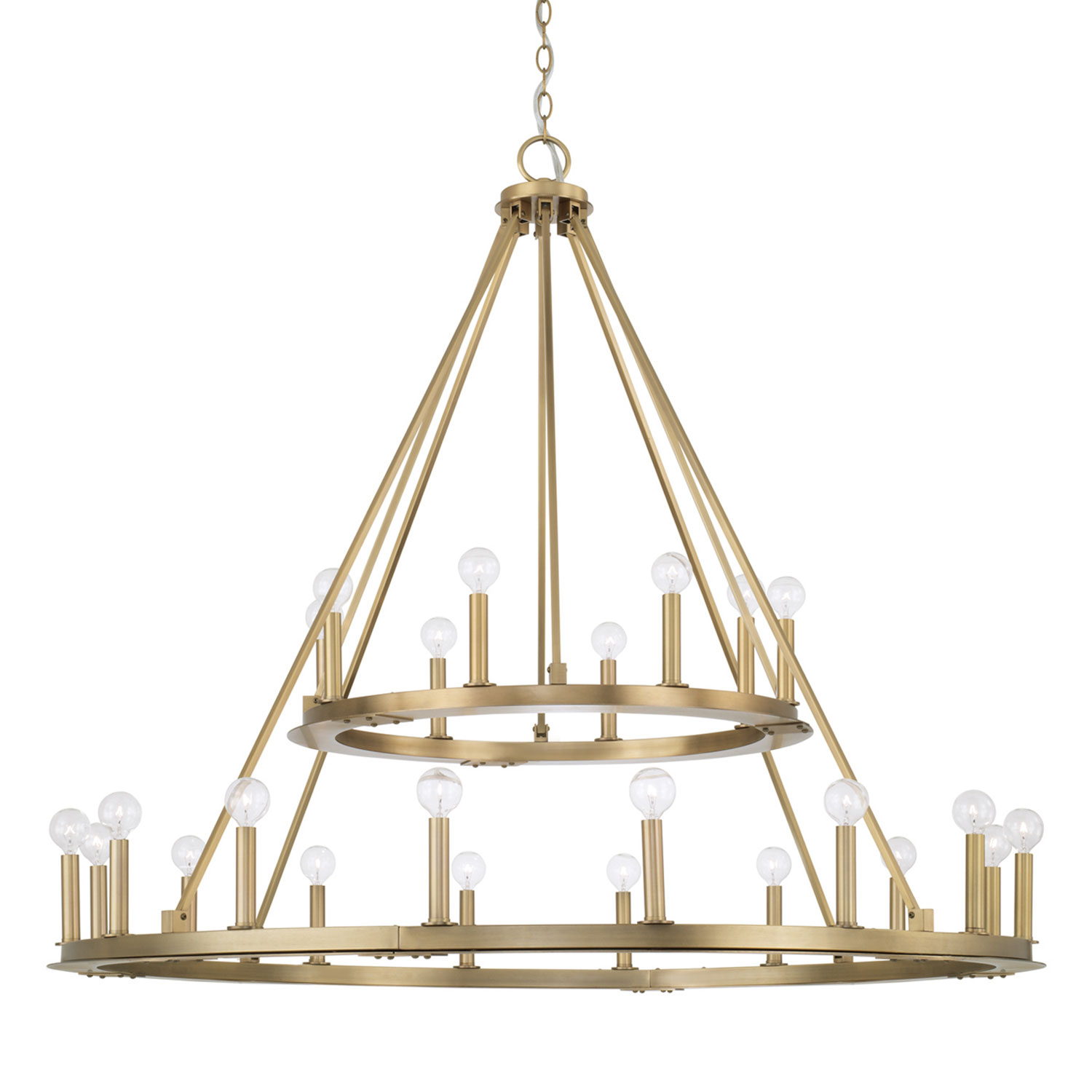 48"W 24-Light Two-Tier Wagon Wheel Chandelier in Aged Brass