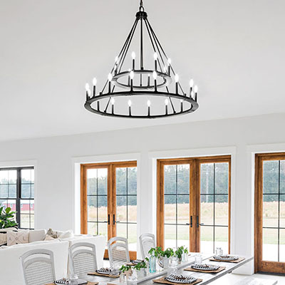48" W x 43" H 24-Light Candle-Style Ring Tiered Chandelier in Black Iron