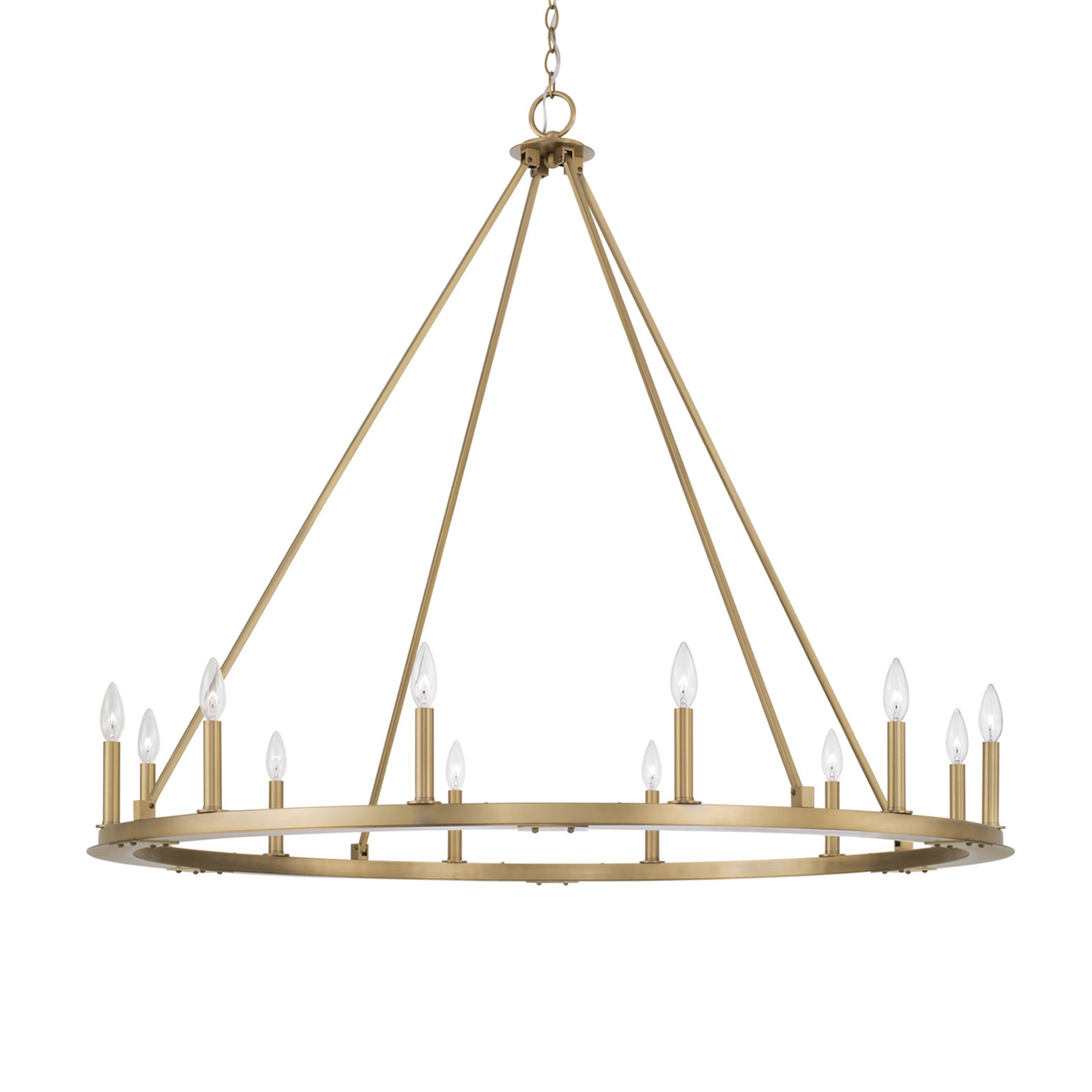 48"W 12-Light Wagon Wheel Chandelier in Aged Brass
