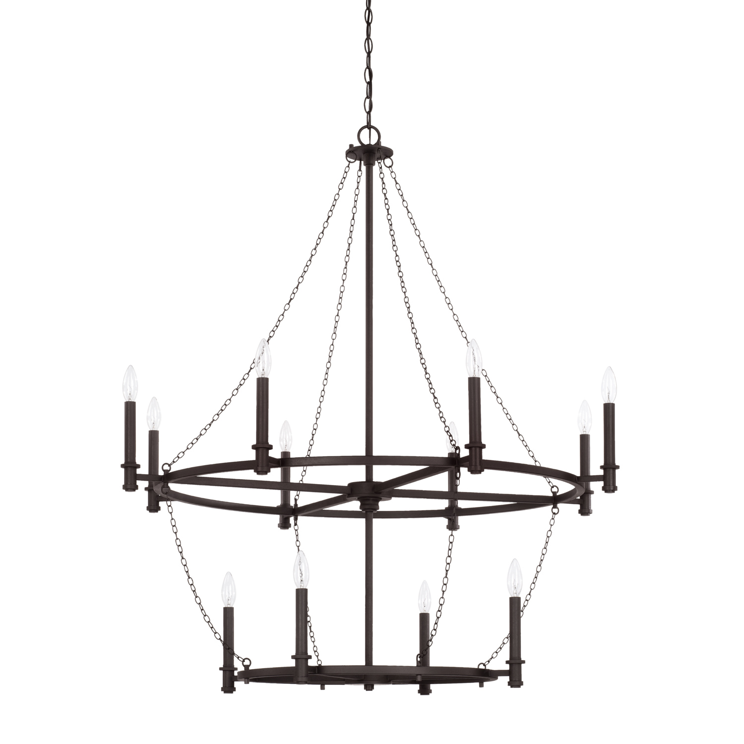 40.5" W x 45.5" H 12-Light Candle-Style Ring Tiered Chandelier in Black Iron with Linked Chains