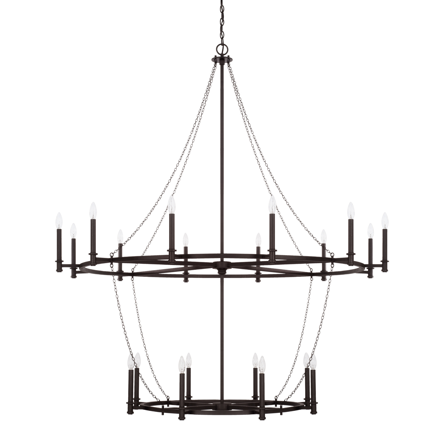 60" W x 68" H 20-Light Candle-Style Ring Tiered Chandelier in Black Iron with Linked Chains