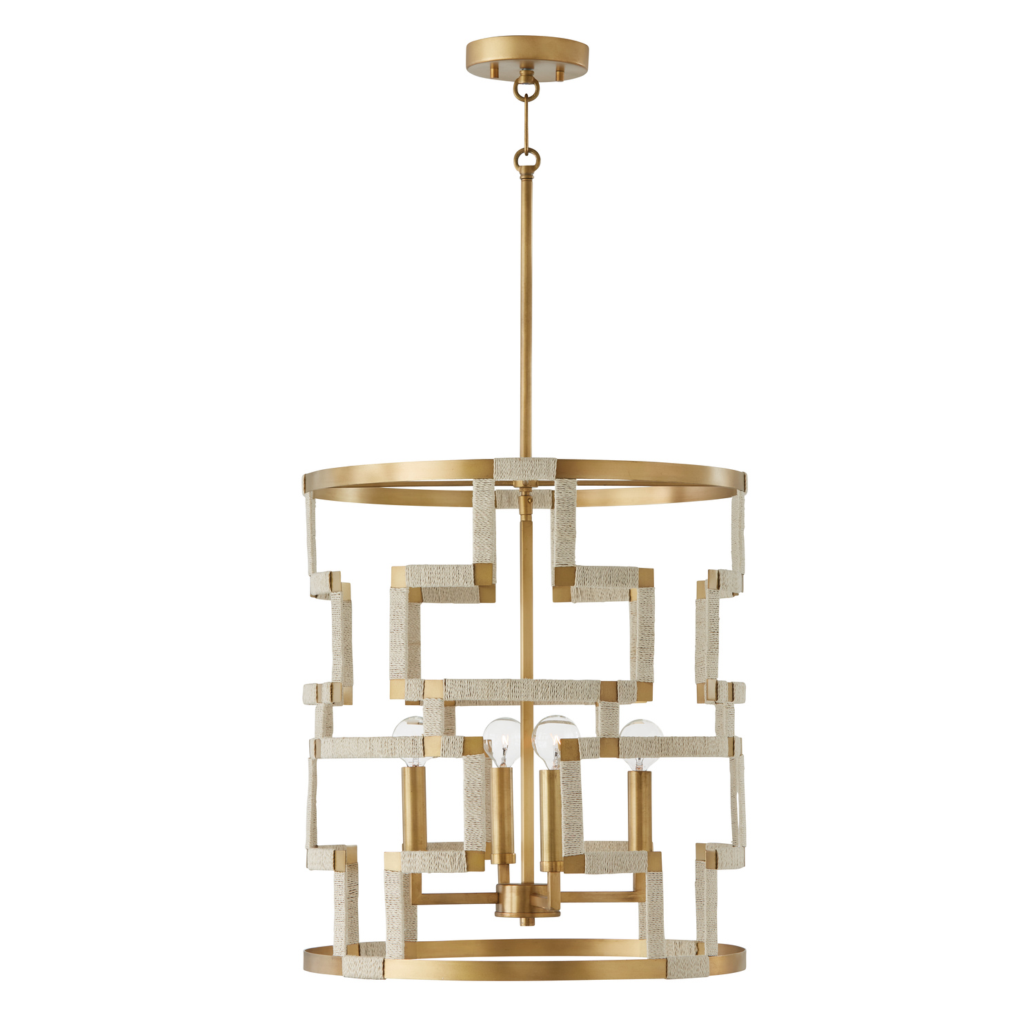 18" W x 20.5" H 4-Light Foyer in Bleached Natural Jute and Patinaed Brass - Greek Key Pattern Artisan Crafted