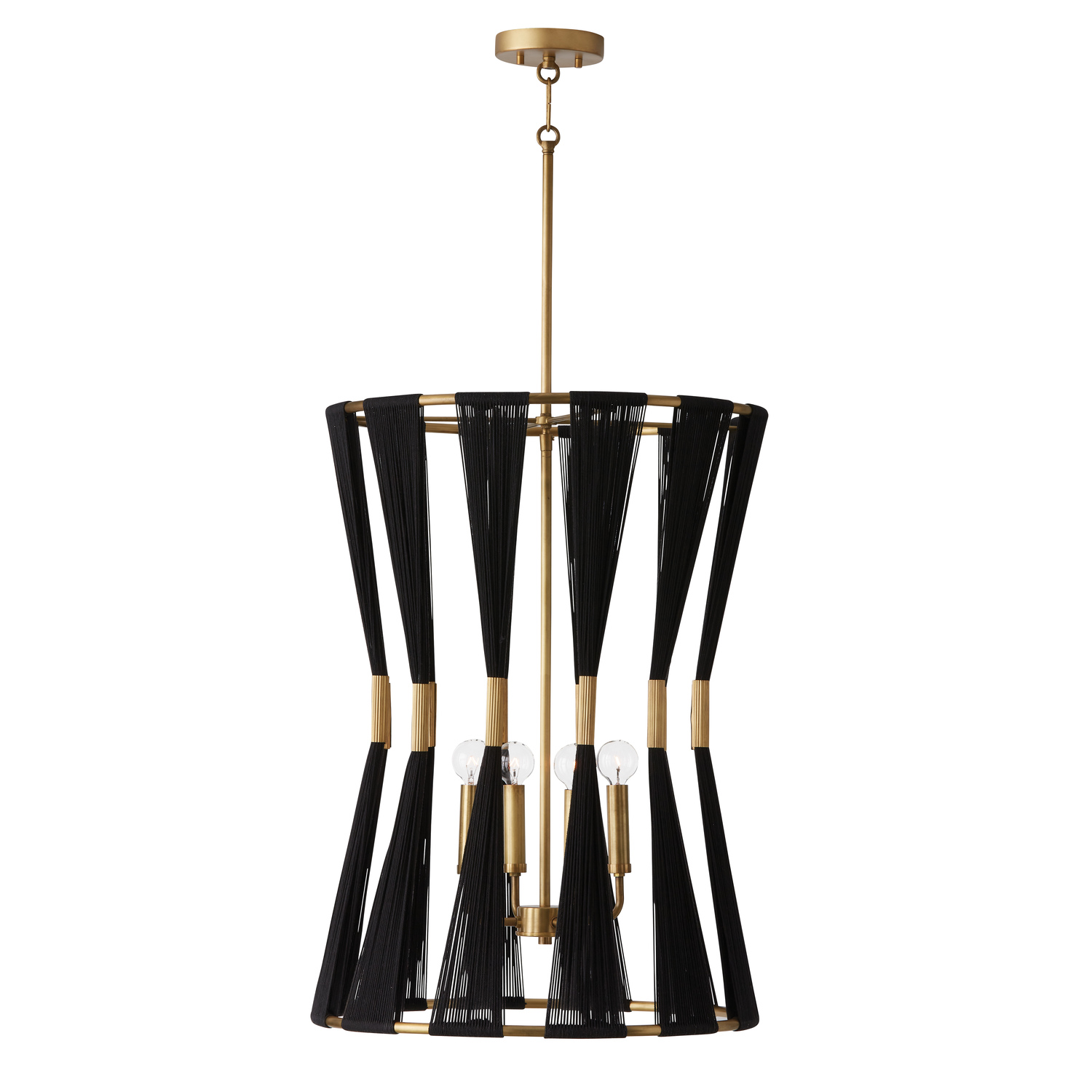 19.5" W x 28" H 4-Light Foyer in Black Rope and Patinaed Brass - P" Pleat Gathered String Tapered