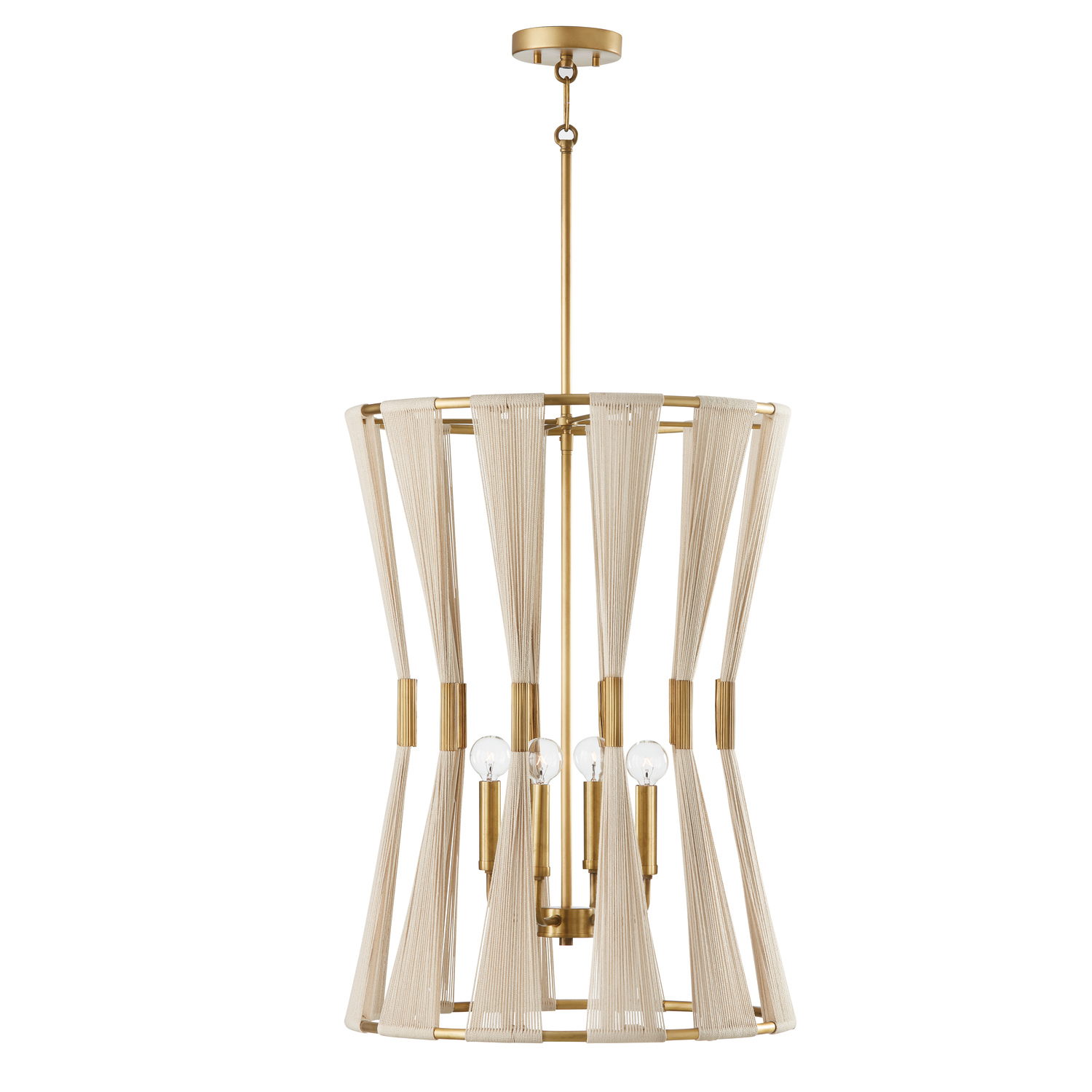 19.5" W x 28" H 4-Light Foyer in Bleached Natural Rope and Patinaed Brass - P" Pleat Gathered String Tapered