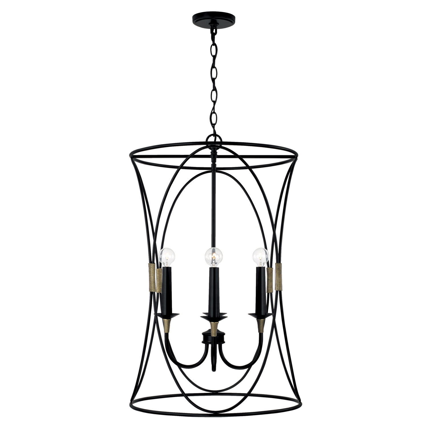 19" W x 30" H 4-Light Foyer in Matte Black with Brass with and Brass Wrapped Detail