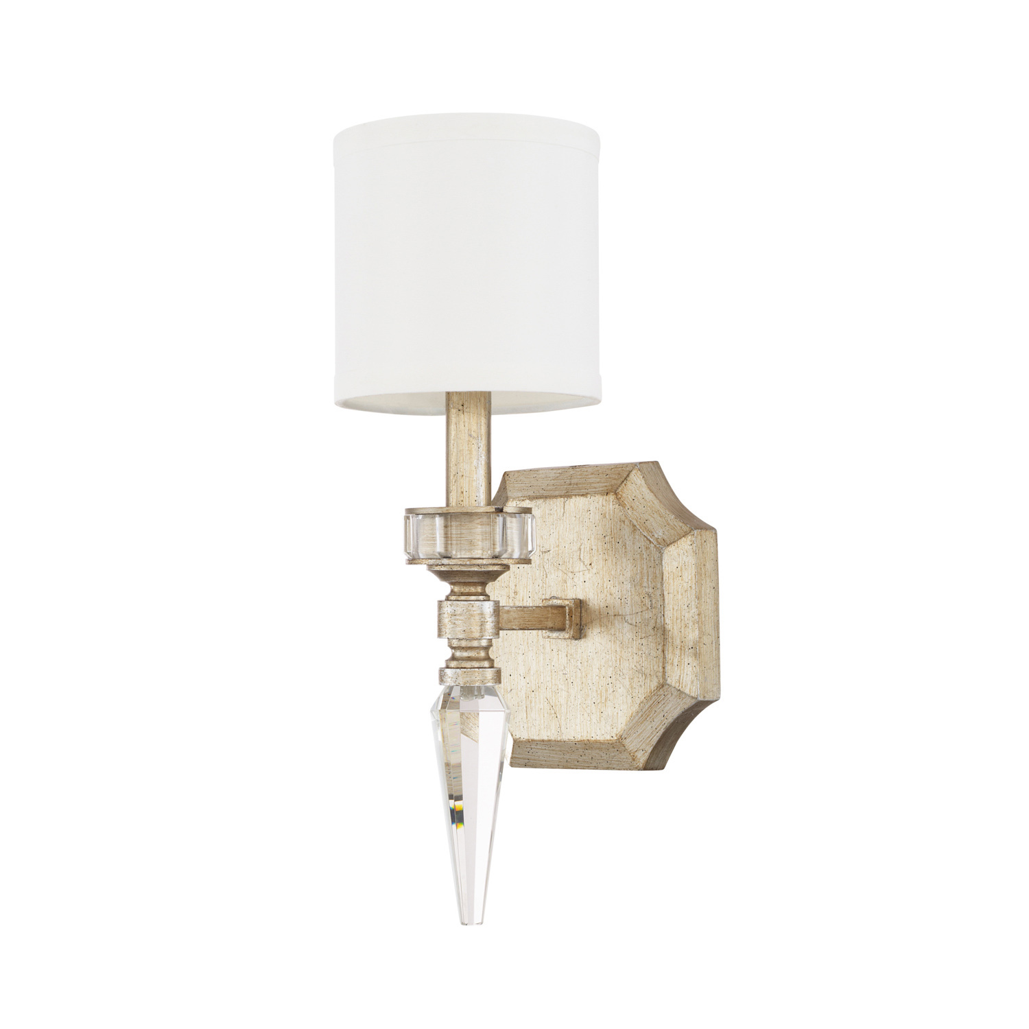 6" W x 15" H x 6.5" E 1-Light Sconce in Winter Gold with White Fabric Shade and K9 Crystal Finial