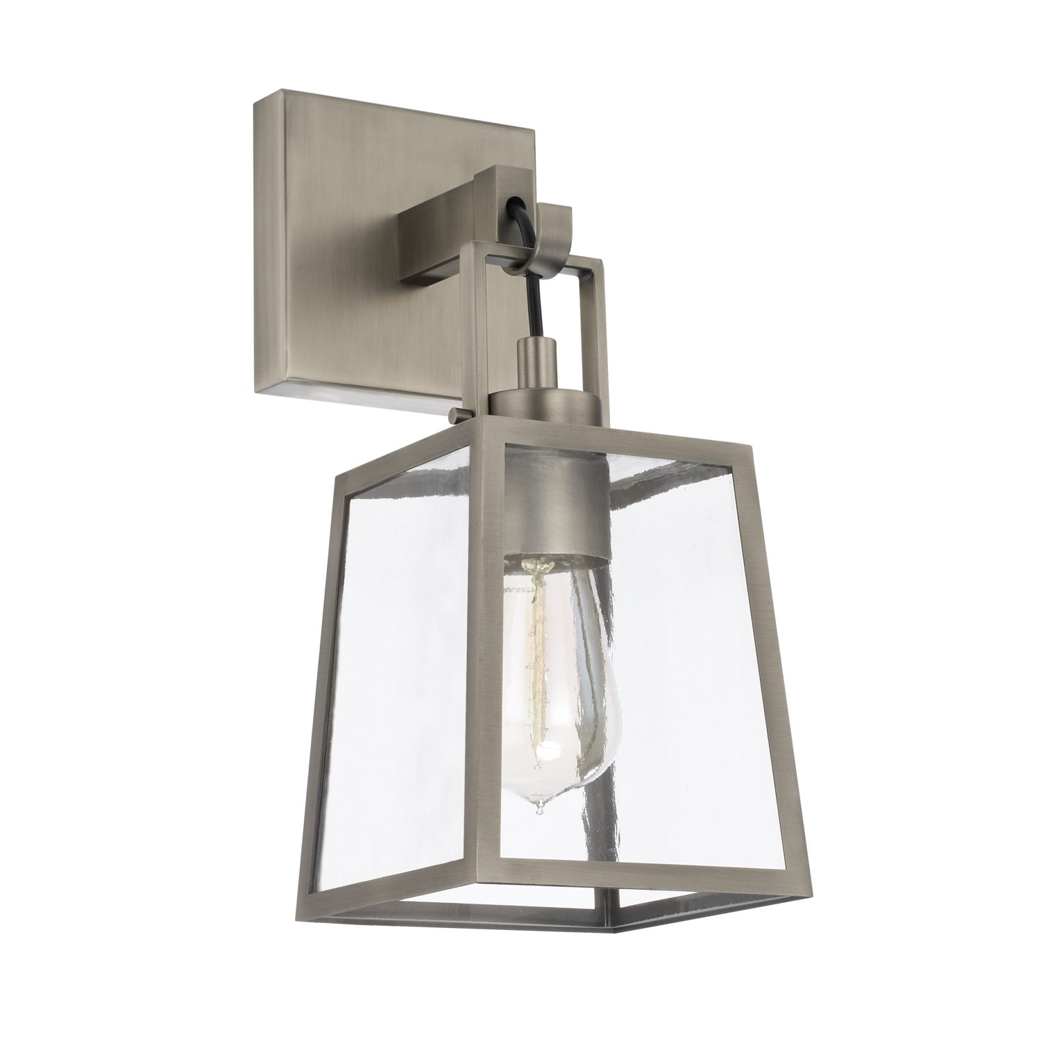 6" W x 13.5" H x 7.5" E 1-Light Sconce in Aged Nickel with Clear Rain Glass and Black Cord Detail