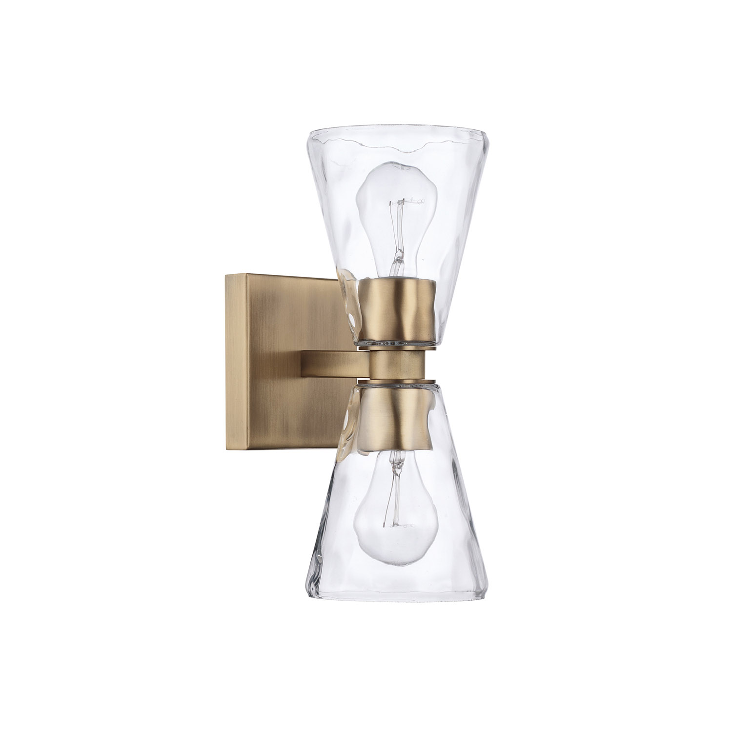 5" W x 13" H x 7" E 2-Light Clear Cone Water Glass Sconce in Aged Brass