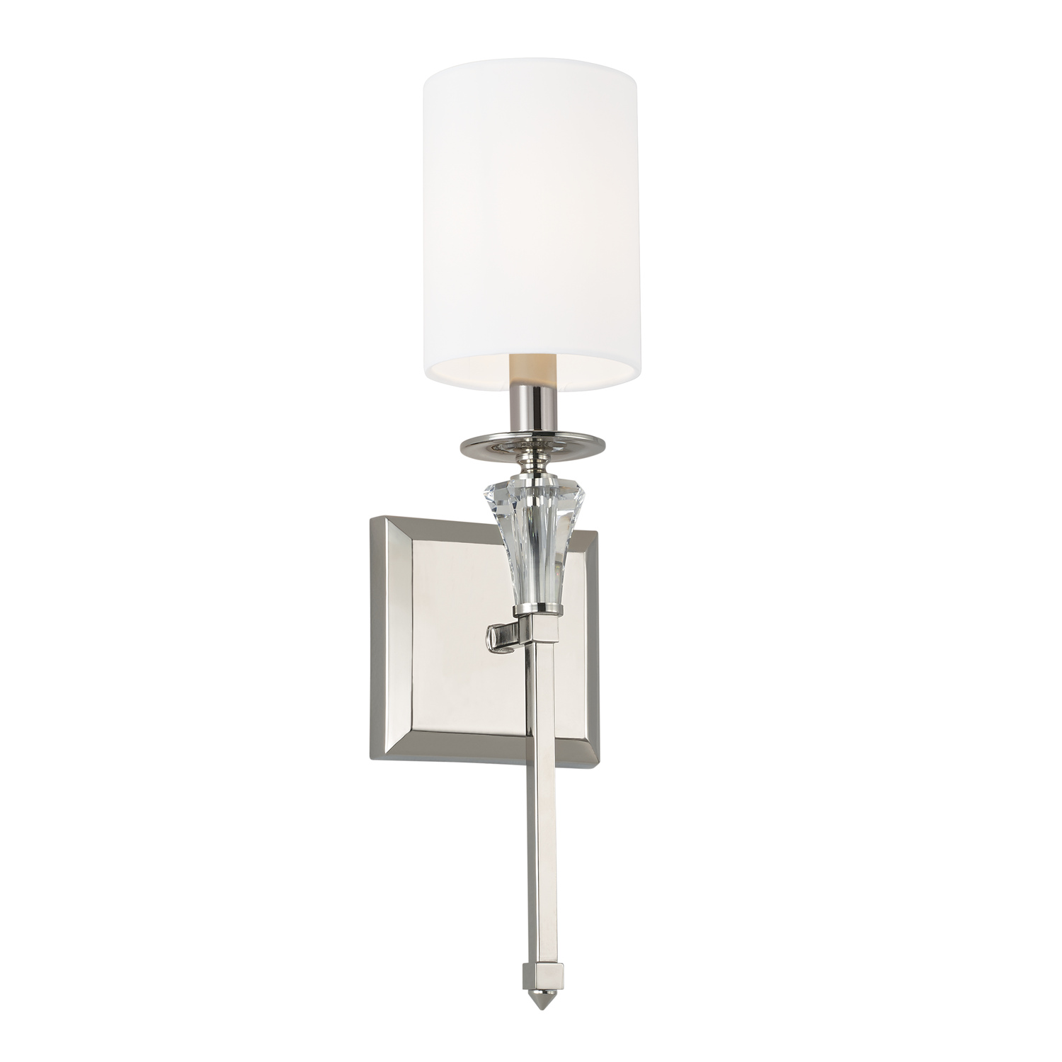 5" W x 19.5" H x 5" E 1-Light Sconce in Polished Nickel with White Fabric Stay-Straight Shade and Crystal Bobeche
