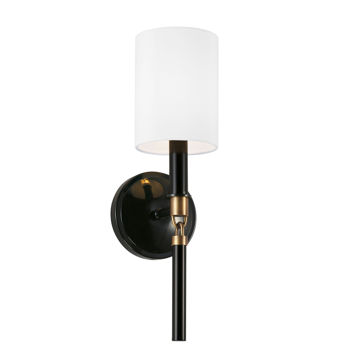 5" W x 16" H x 6" E 1-Light Sconce in Glossy Black and Aged Brass with White Fabric Stay-Straight Shade