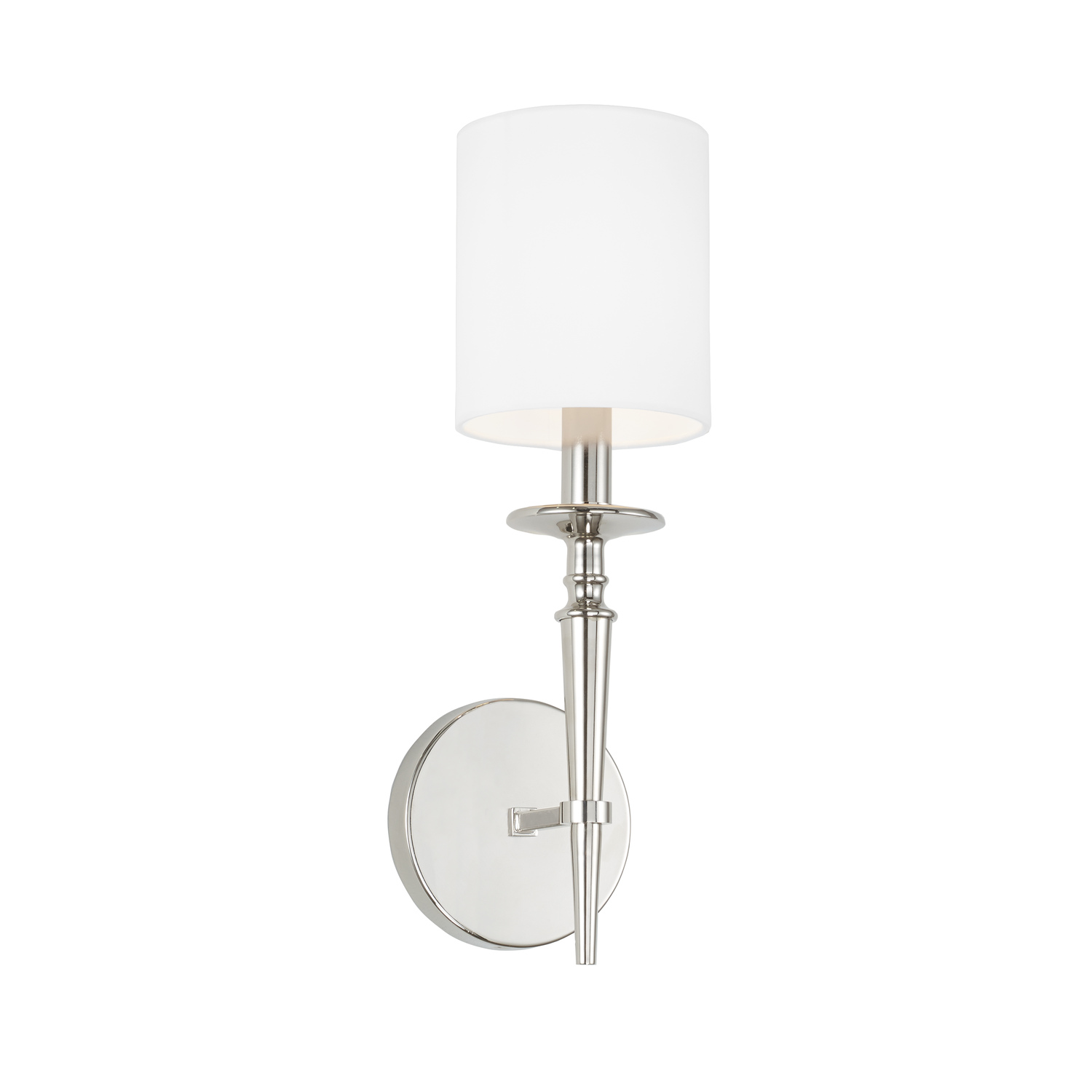 5" W x 16.5" H x 6.5" E 1-Light Sconce in Polished Nickel with White Fabric Stay-Straight Shade