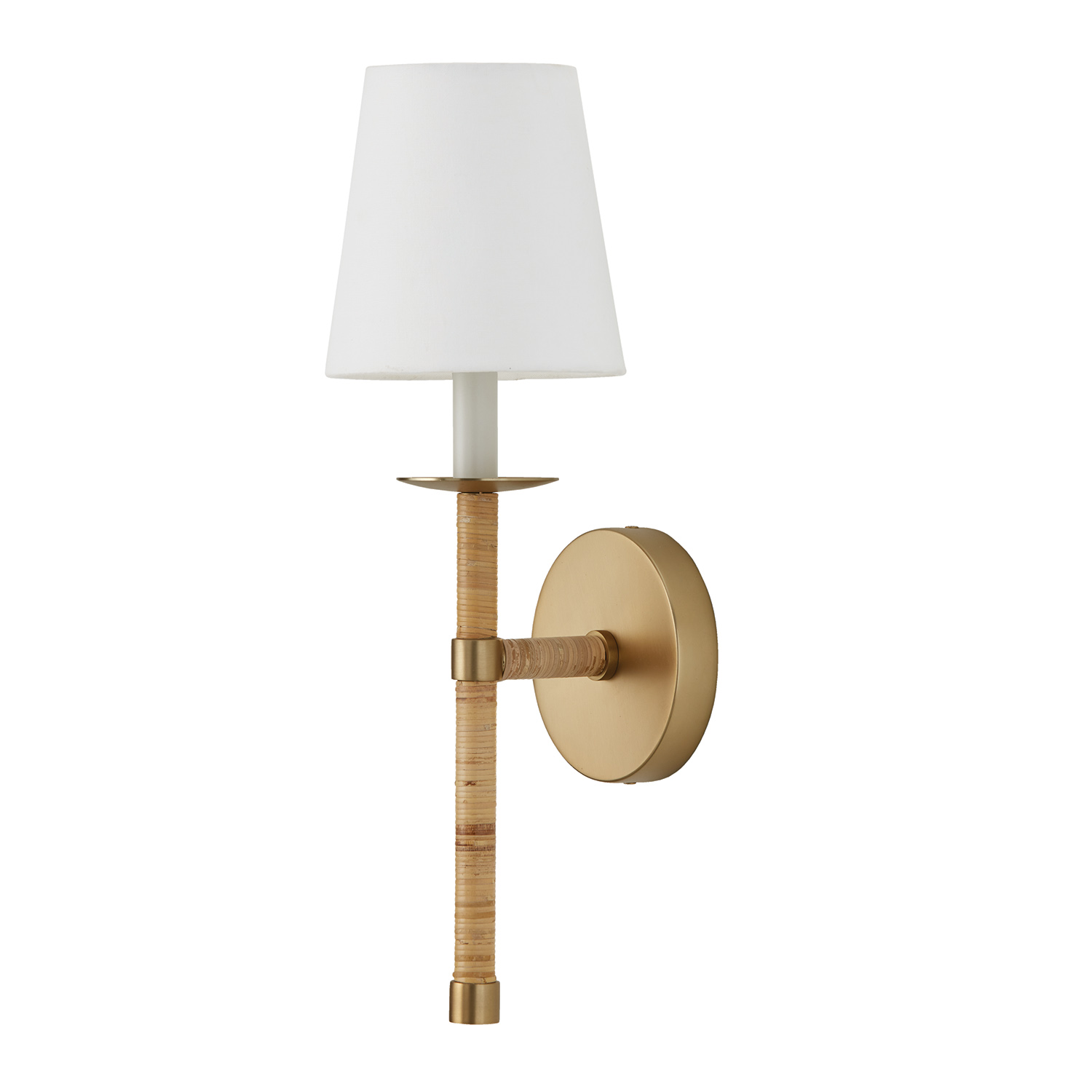 6"W x 18"H 1-Light Sconce in Matte Brass with Hand-Wrapped Natural Rattan and White Fabric Stay-Straight Shade