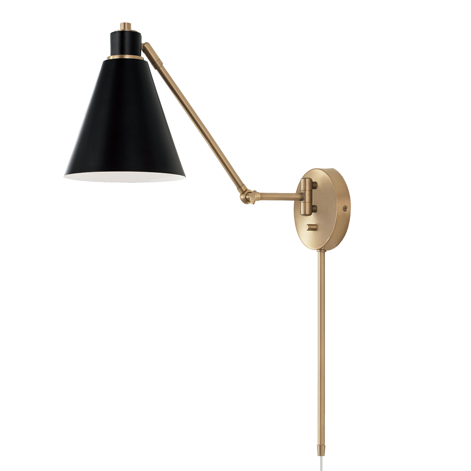 7"W x 26"H 1-Light Sconce in Aged Brass and Black Metal Shade with White Interior
