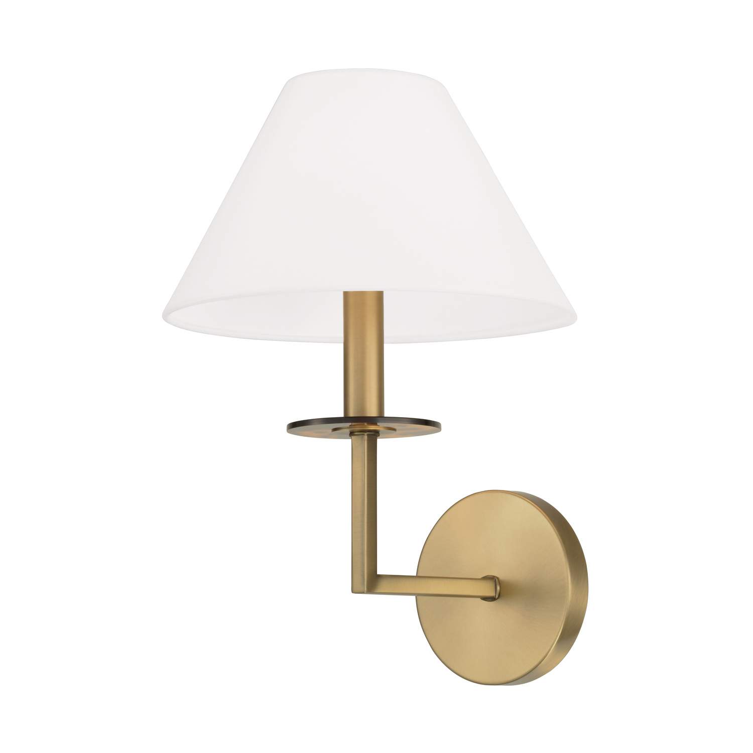 10"W x 14.75"H 1-Light Sconce in Aged Brass with White Fabric Stay-Straight Shade and Interchangeable Clear or Tortoise Shell Bobeche