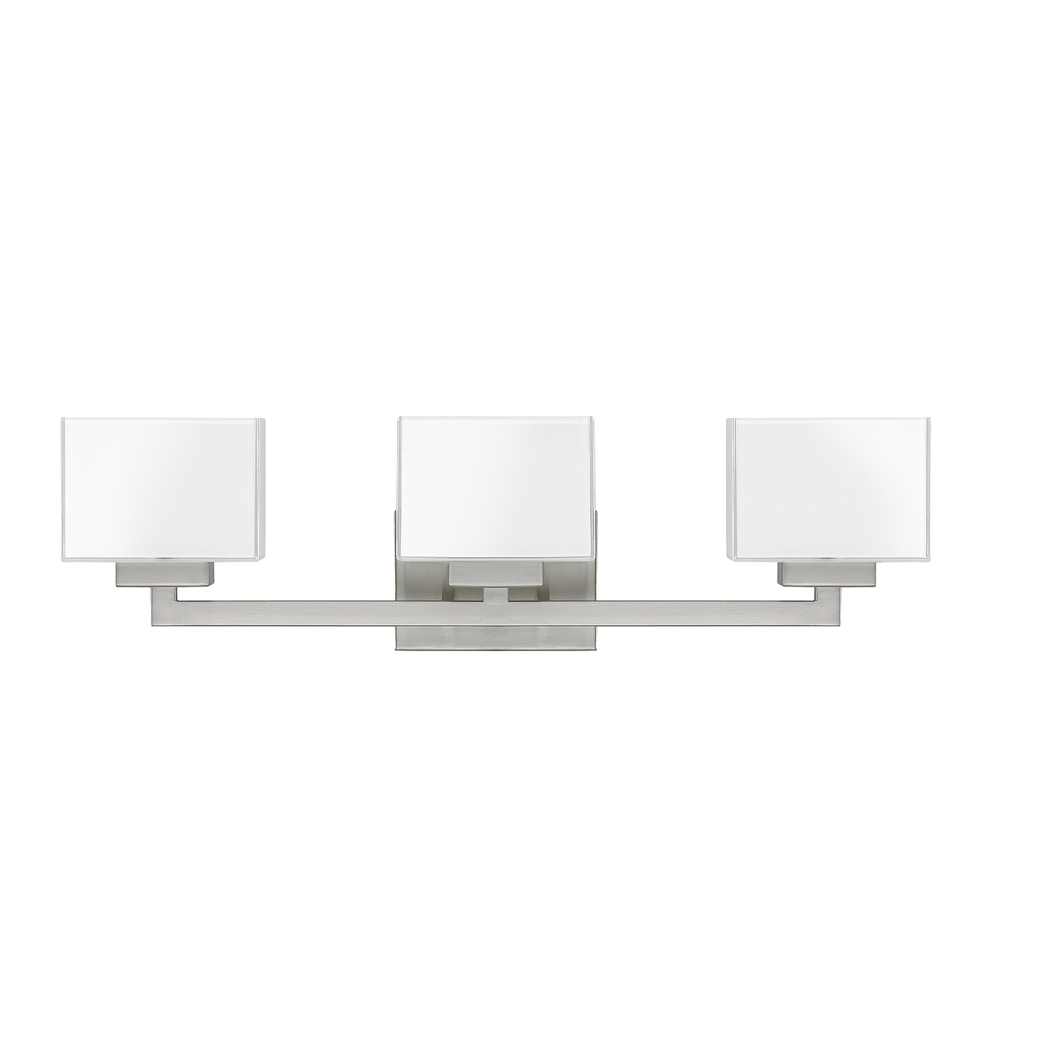 26" W x 7" H x 5" E 3-Light Milk Glass Vanity in Brushed Nickel