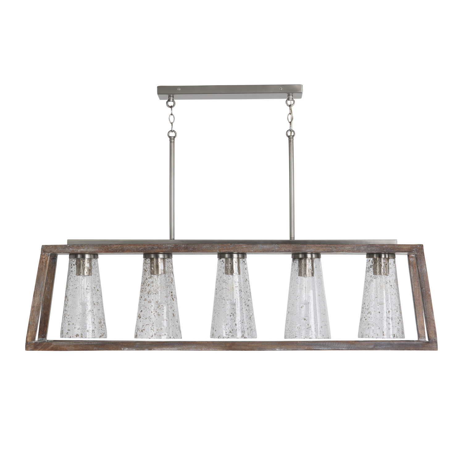 50" W x 14" H x 12" E 5-Light Clear Stone Seeded Glass Linear in Black Wash Wood and Matte Nickel