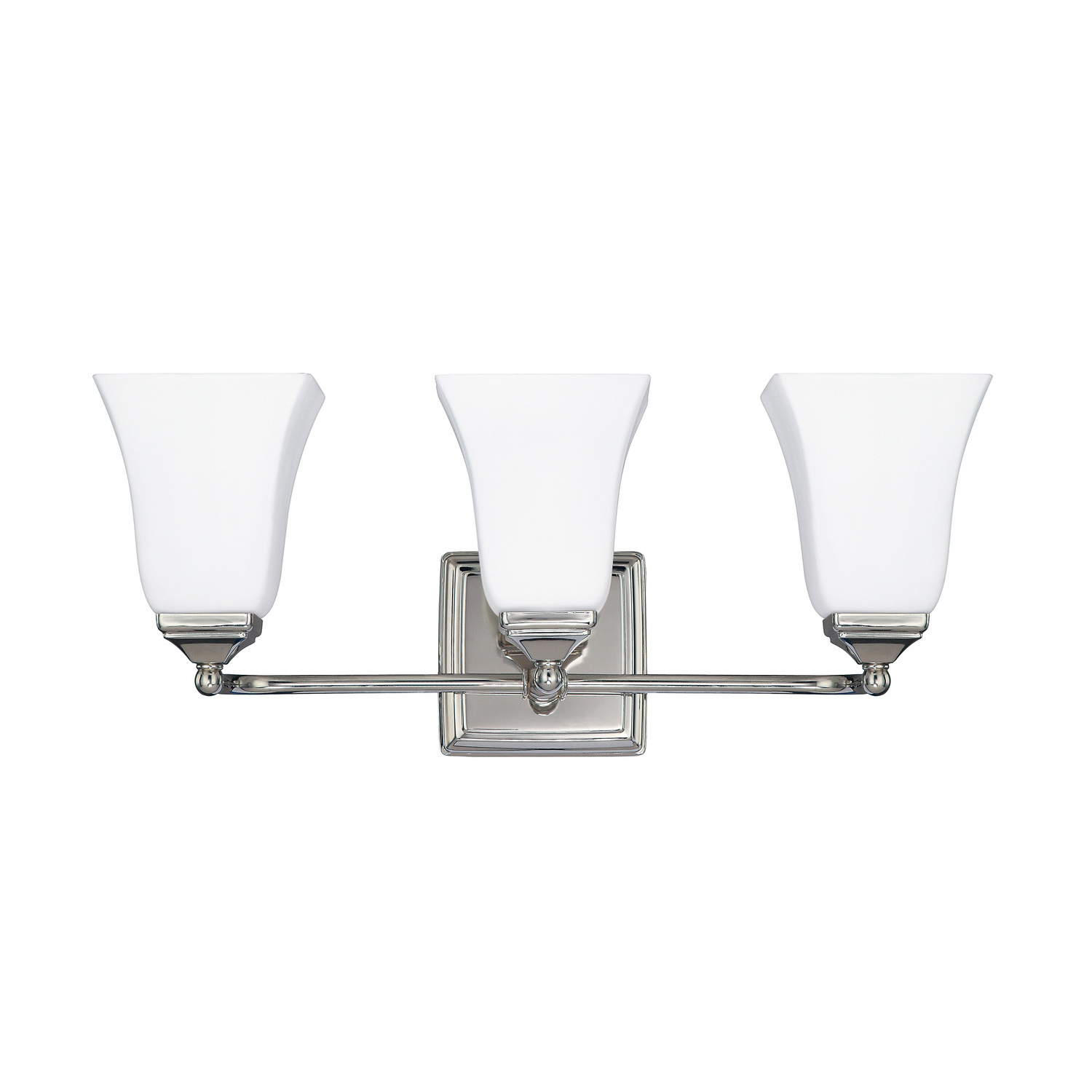 20" W x 8.5" H x 6.5" E 3-Light Vanity in Polished Nickel with Soft White Glass Shades