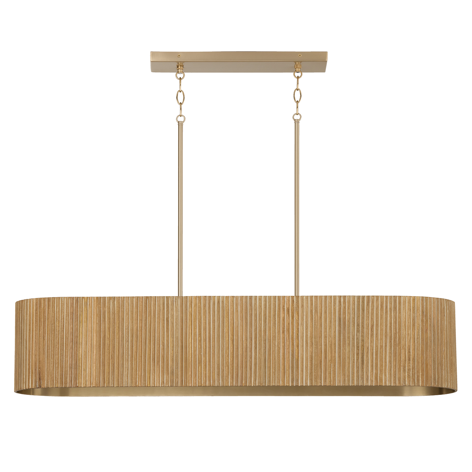 44.25" W x 9" H 5-Light Linear Chandelier in in Matte Brass and Handcrafted Fluted Mango Wood in White Wash