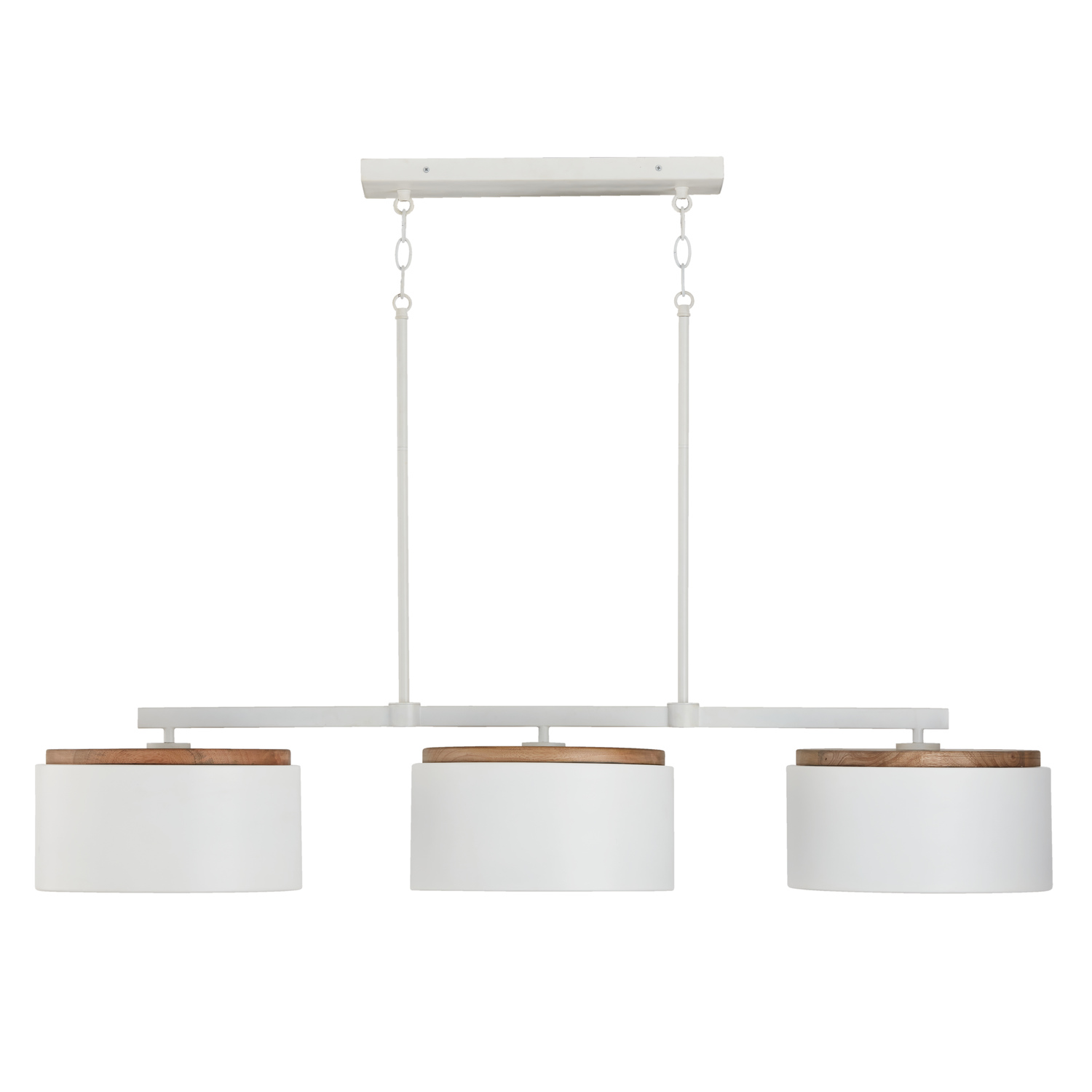 46.50"W x 8.50"H 3-Light Linear Chandelier in White with Mango Wood and Matte White Metal Shades
